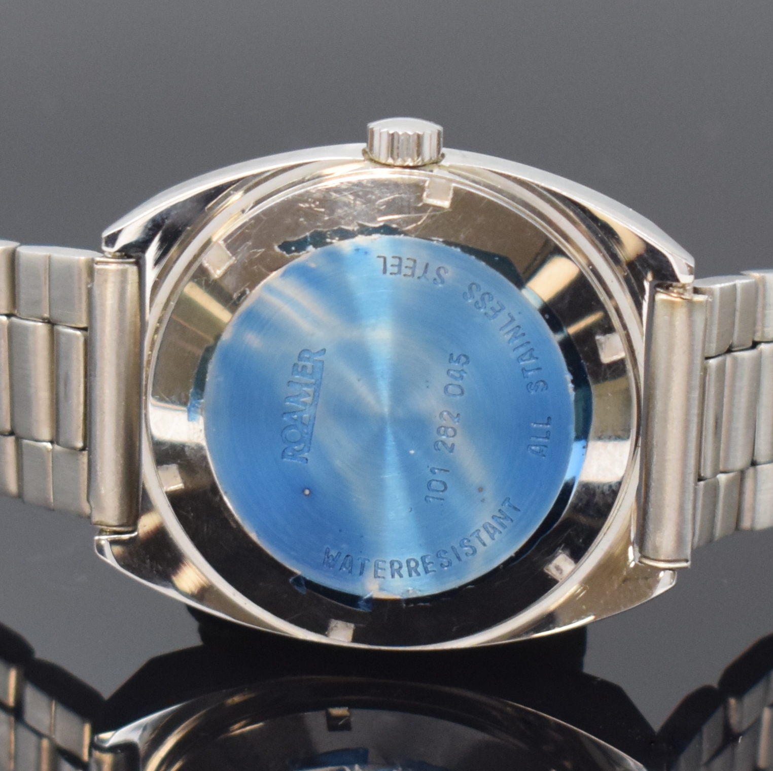 Detail d: ROAMER Searock Automatic nahezu neuwertige Armbanduhr in Stahl/Stahlband, Schweiz um 1970, Automatik, verschr. Geh., unsign. Stahlband, petrol-farb. ...