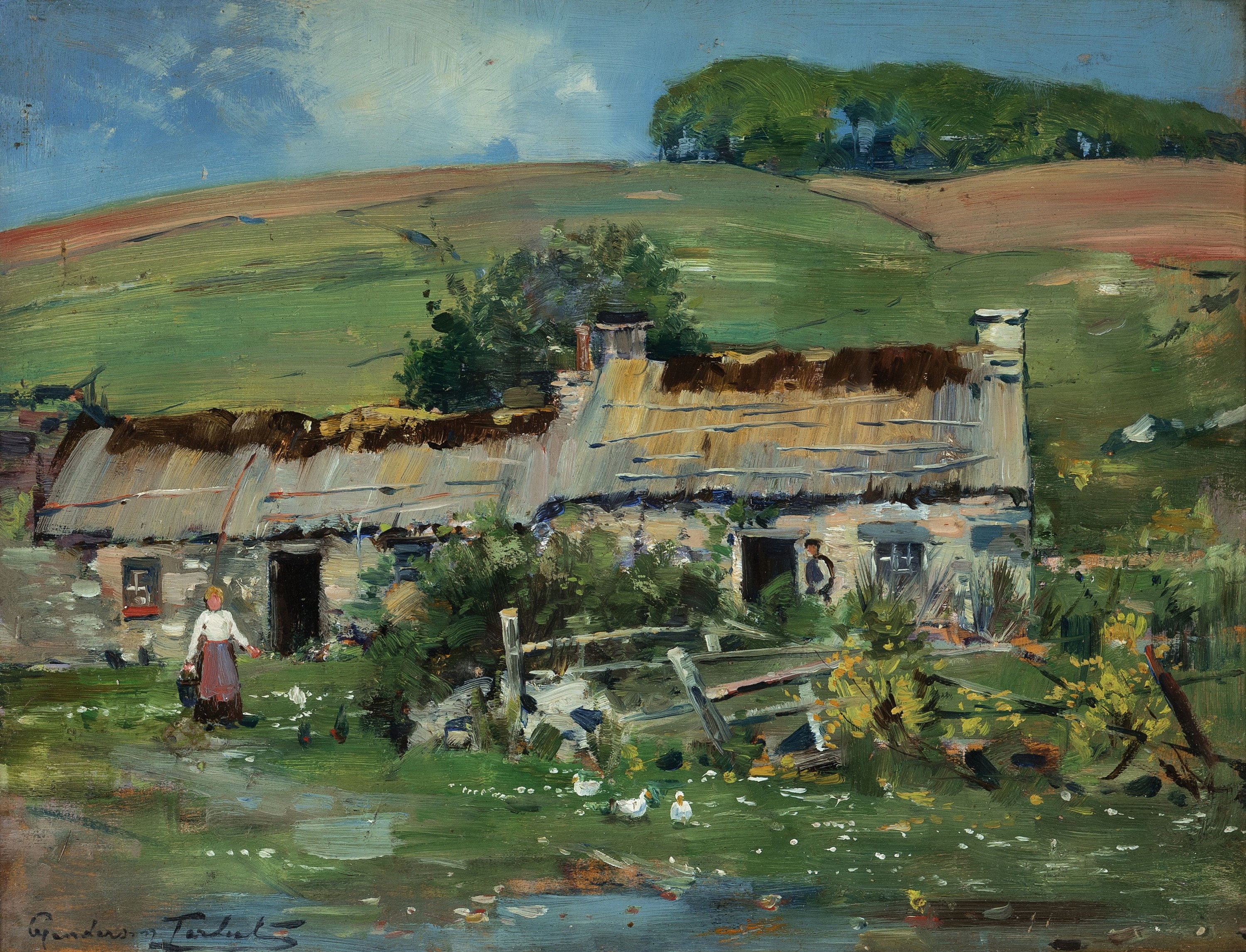 Unleserlich signiert, um 1900, Sommerliche Landschaft mit Bauernhaus und Bäuerin, Öl/Malkarton, links unten sign., ca. 28x36cm, u.Gl., R. ca. ...