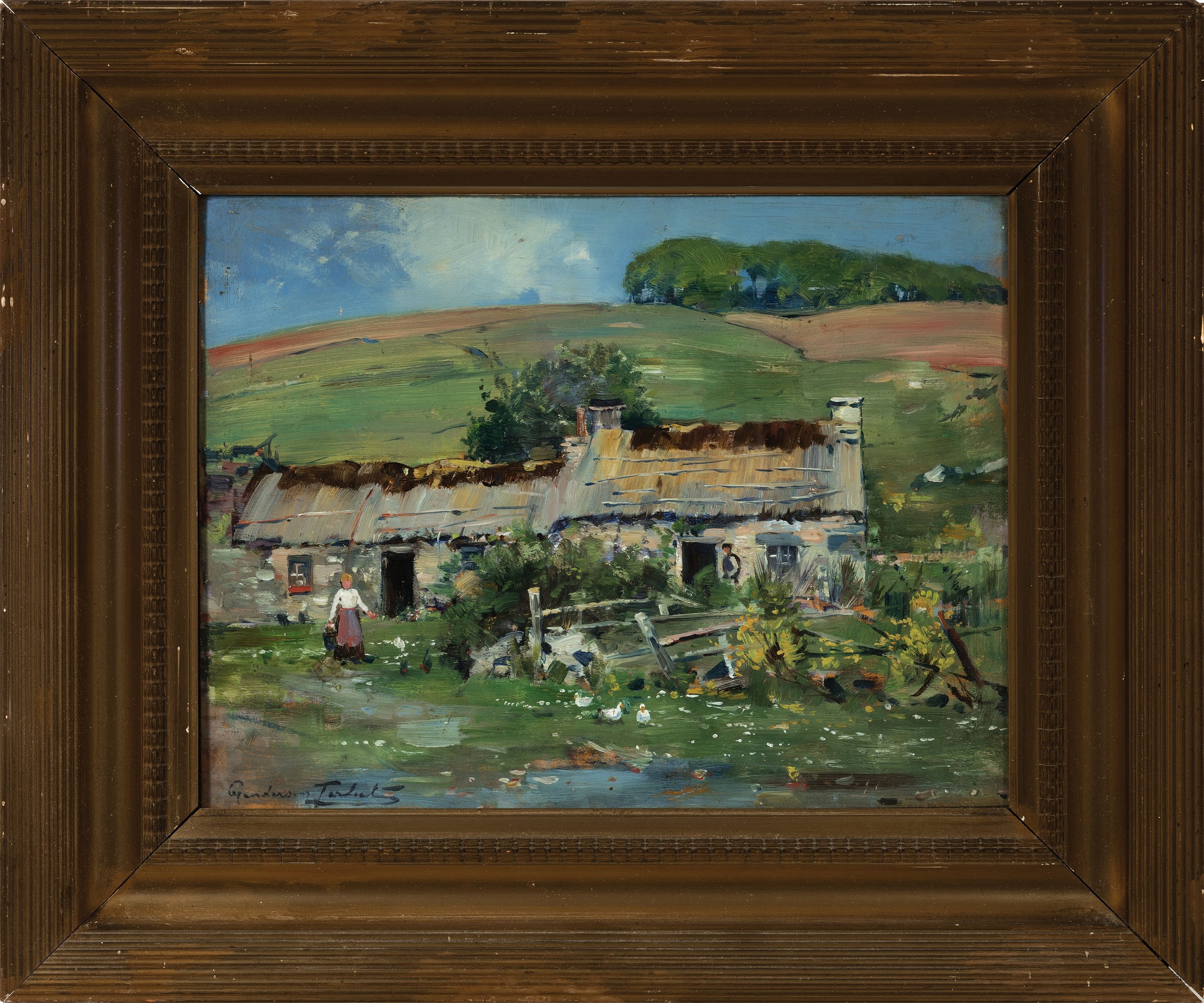 Detail k: Unleserlich signiert, um 1900, Sommerliche Landschaft mit Bauernhaus und Bäuerin, Öl/Malkarton, links unten sign., ca. 28x36cm, u.Gl., R. ca. ...