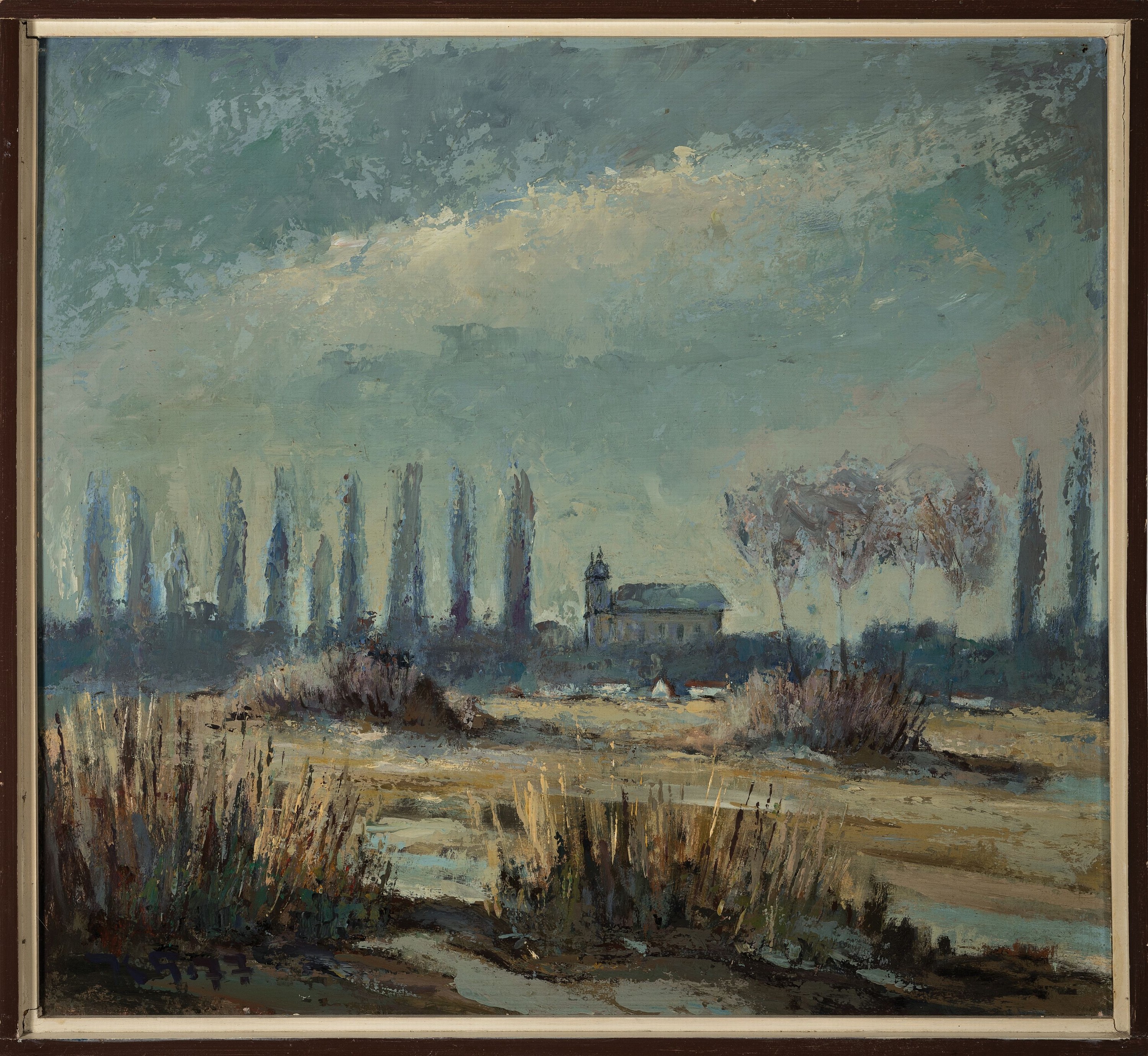 Detail k: Karl Graf, 1902-1986 Speyer, Landschaft mit Kapelle und Pappeln, wohl nahe Oggersheim, Öl/Hartfaser, links unten monogr. und dat. 77, ca. 70x77cm, ...