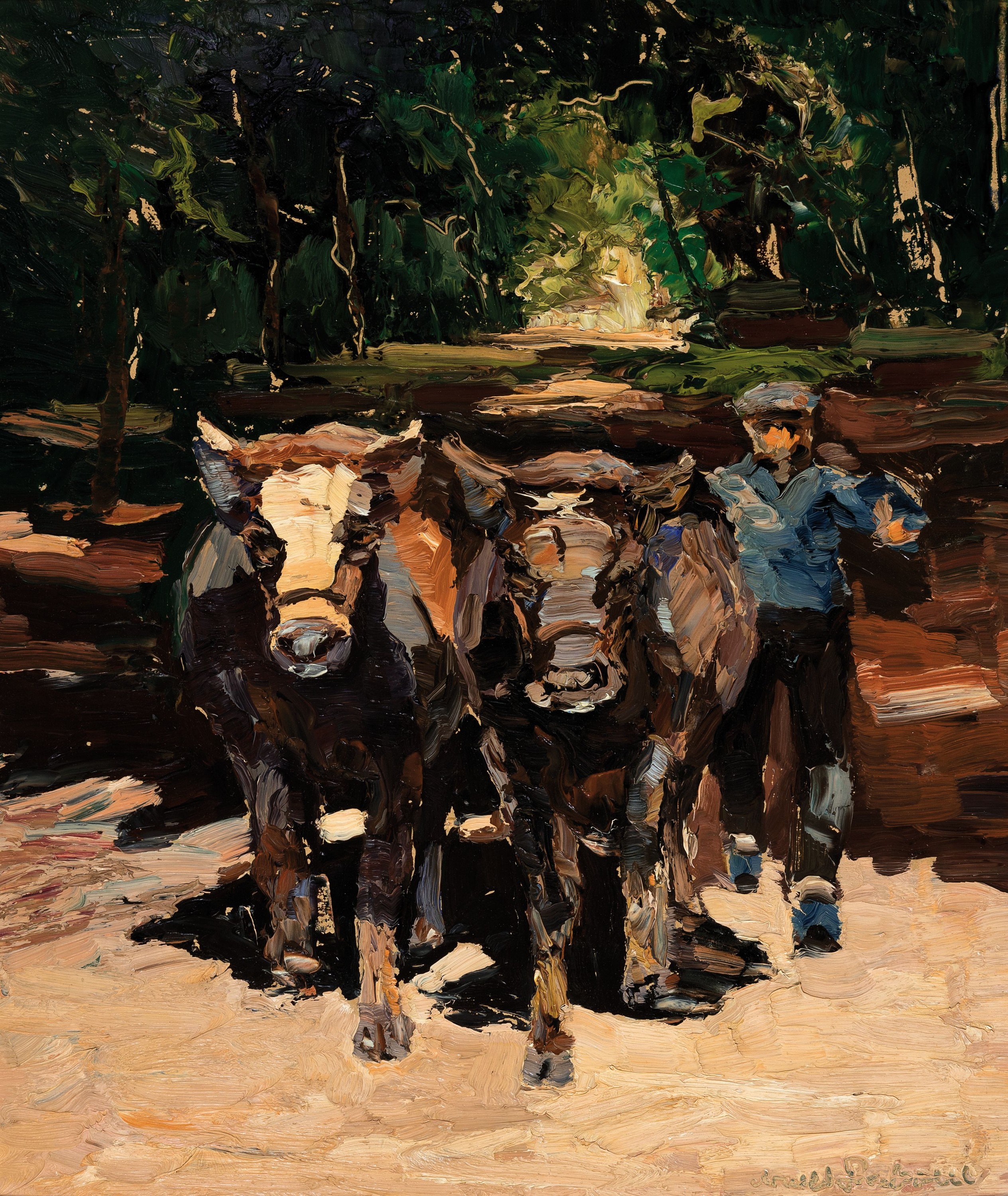 Georg Arnold-Graboné, 1896 München-1982 Starnberg, Bauer mit Ochsengespann, Öl/ Malkarton, rechts unten sign., expressiver pastoser Farbauftrag, ...