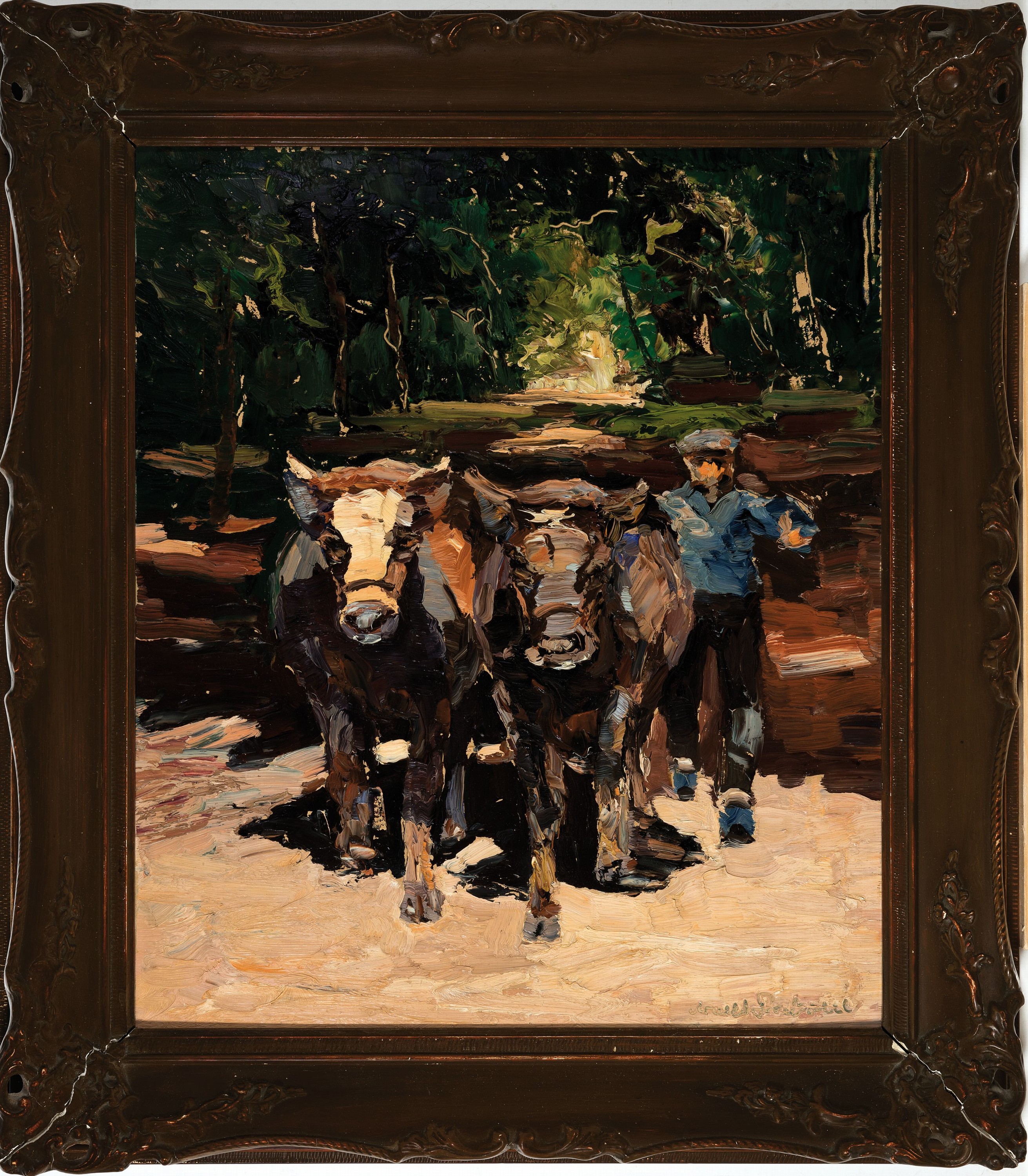 Detail k: Georg Arnold-Graboné, 1896 München-1982 Starnberg, Bauer mit Ochsengespann, Öl/ Malkarton, rechts unten sign., expressiver pastoser Farbauftrag, ...