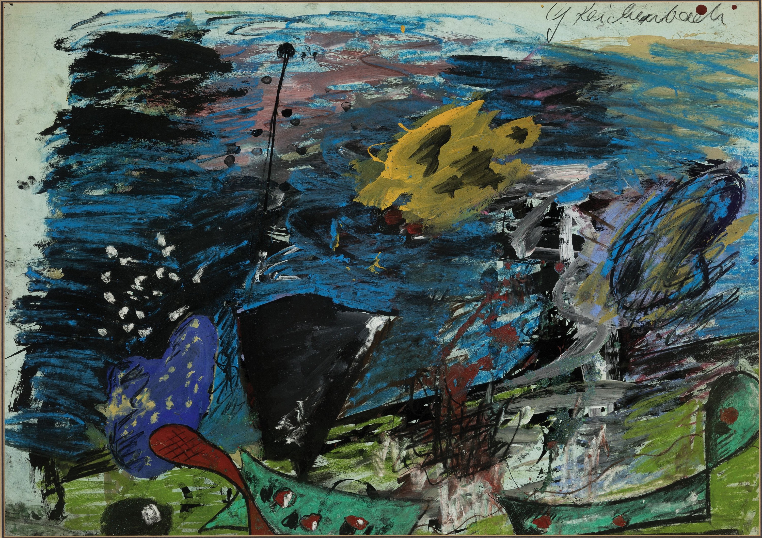 Günter Reichenbach, geb. 1955 Norsingen, Abstrakte Landschaftsdarstellung, Mischtechnik auf Malkarton, rechts oben signiert, ca. 59x 83cm, PP, ...