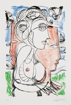 Image 26888927 - Markus Tollmann, born in 1964, profile portrait of a woman, color lithograph, hand ...