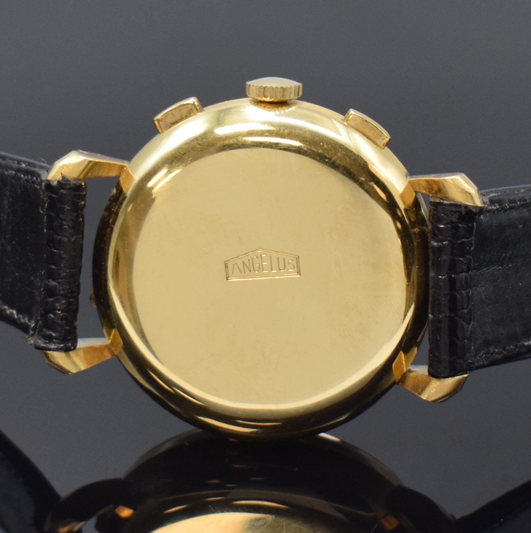 Detail d: ANGELUS Chronodato großer Armbandchronograph mit Vollkalender in GG 750/000, Schweiz um 1945, Handaufzug, 3-tlg. Geh., tropfenförmig. ...
