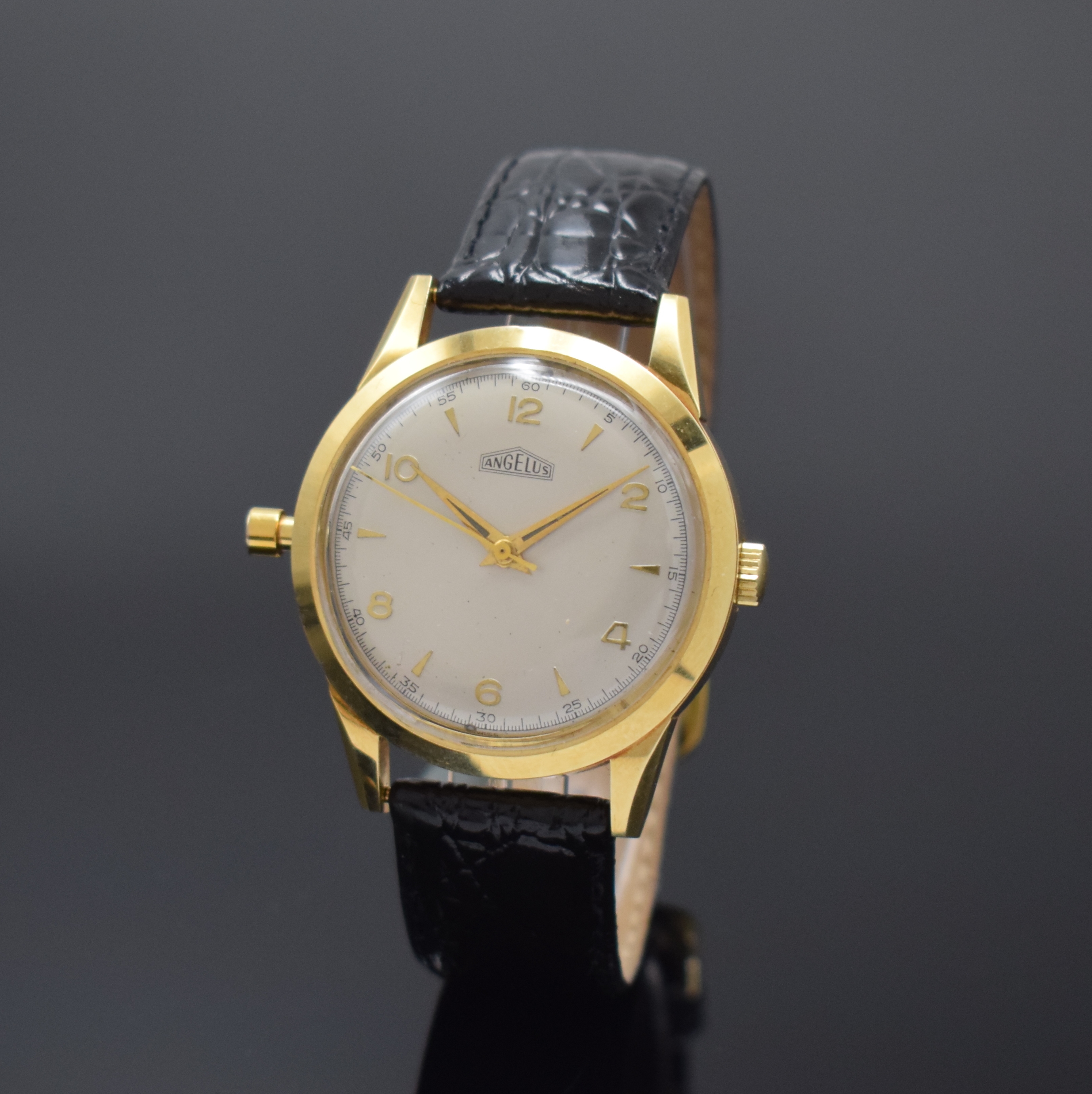 ANGELUS Tinkler extrem seltene Armbanduhr mit 1/4-Repetition in GG 750/000, Schweiz um 1955, Automatik, späteres schweres Goldgeh., Boden verschr., ...