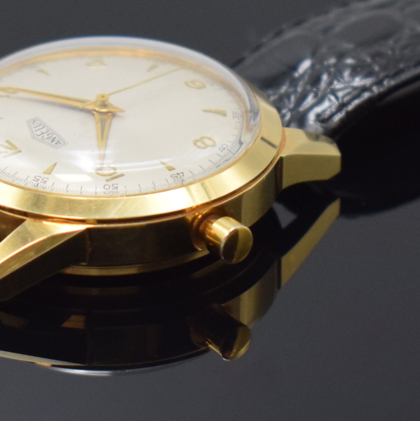 Detail c: ANGELUS Tinkler extrem seltene Armbanduhr mit 1/4-Repetition in GG 750/000, Schweiz um 1955, Automatik, späteres schweres Goldgeh., Boden verschr., ...