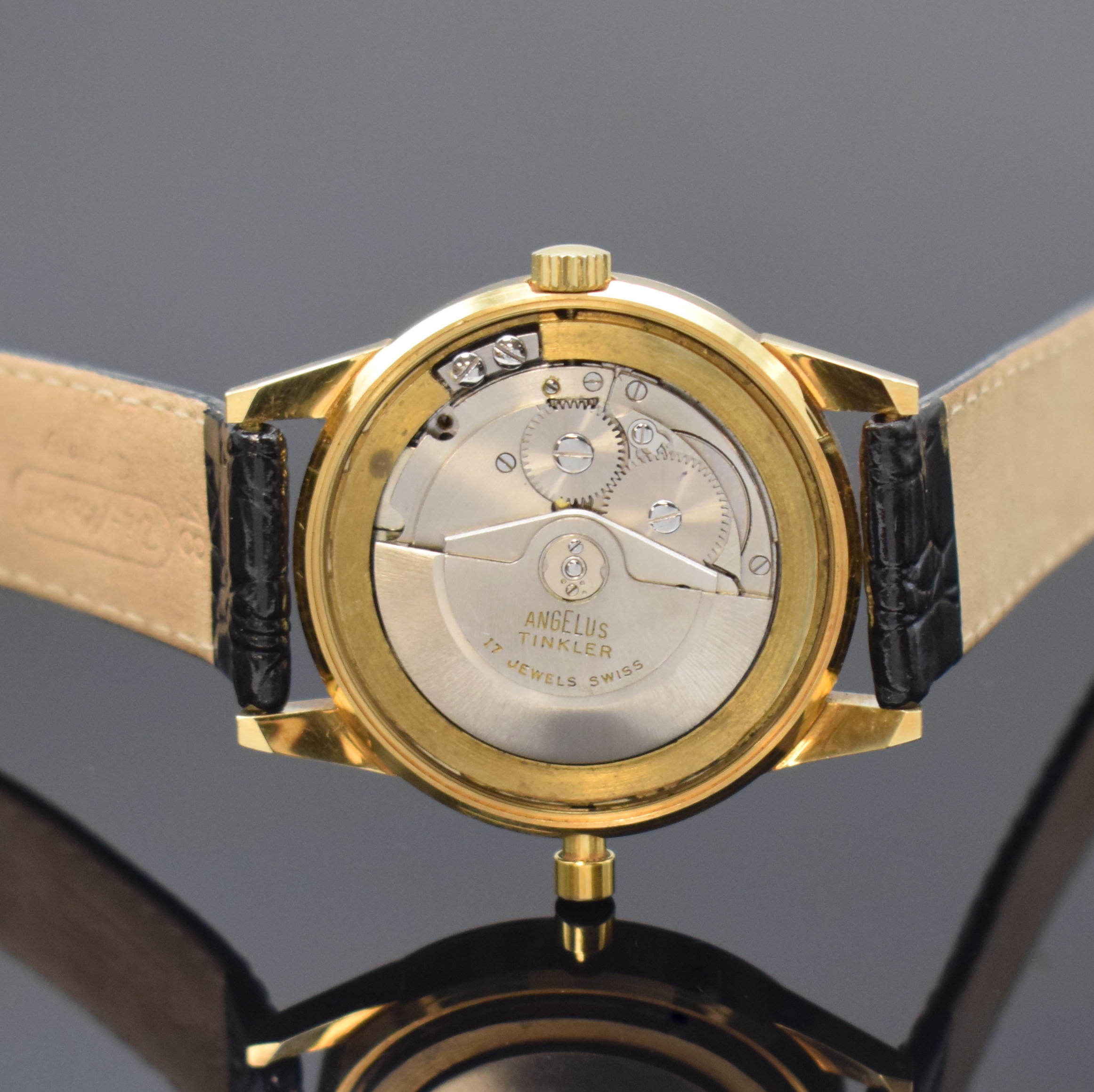 Detail e: ANGELUS Tinkler extrem seltene Armbanduhr mit 1/4-Repetition in GG 750/000, Schweiz um 1955, Automatik, späteres schweres Goldgeh., Boden verschr., ...