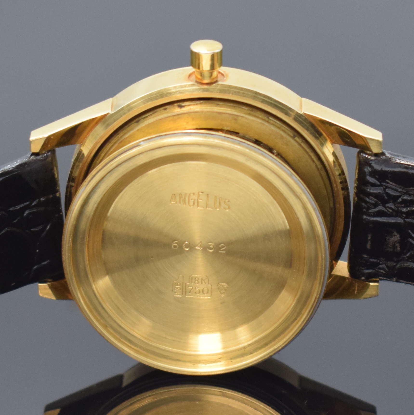 Detail g: ANGELUS Tinkler extrem seltene Armbanduhr mit 1/4-Repetition in GG 750/000, Schweiz um 1955, Automatik, späteres schweres Goldgeh., Boden verschr., ...