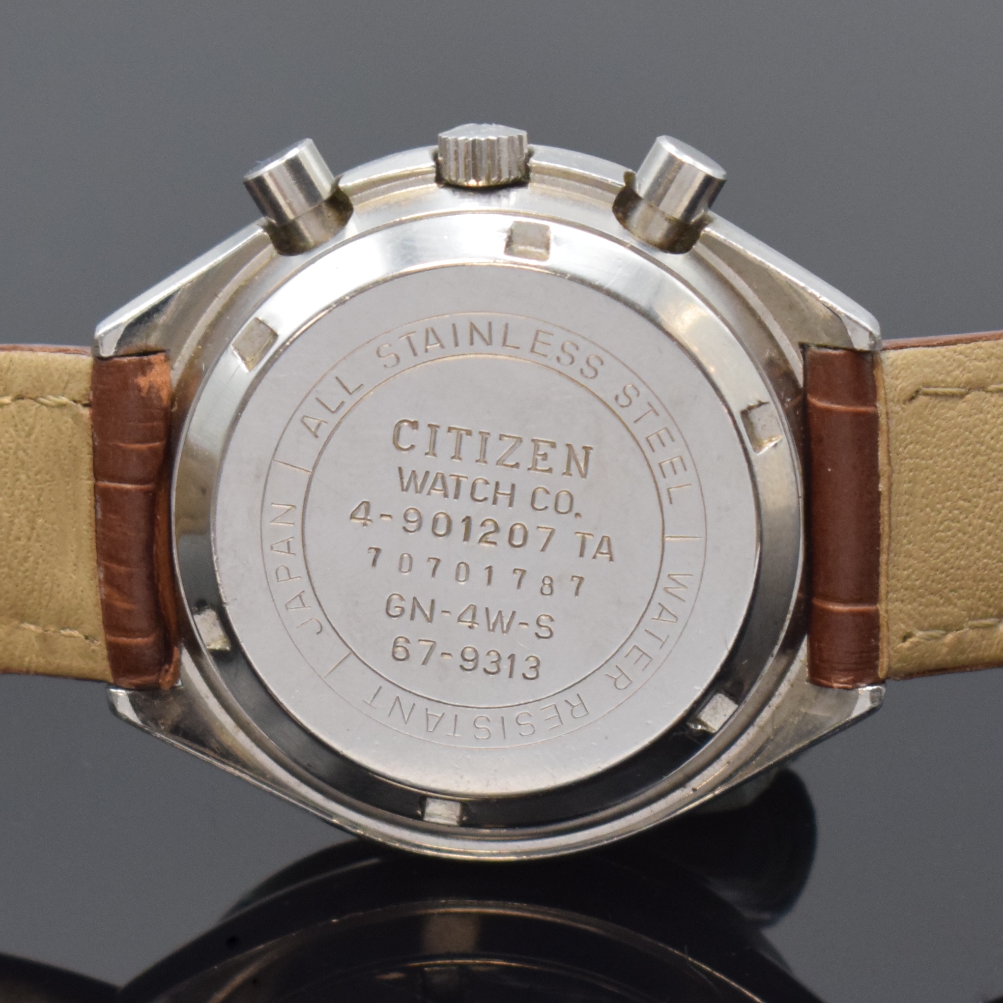 Detail c: CITIZEN Chronograph Automatik Herrenarmbanduhr in Stahl, Japan um 1975, verschr. Geh. Ref. 67-9313, schwarz. Tachymeter-Lunette, schwarz. Zifferbl., ...