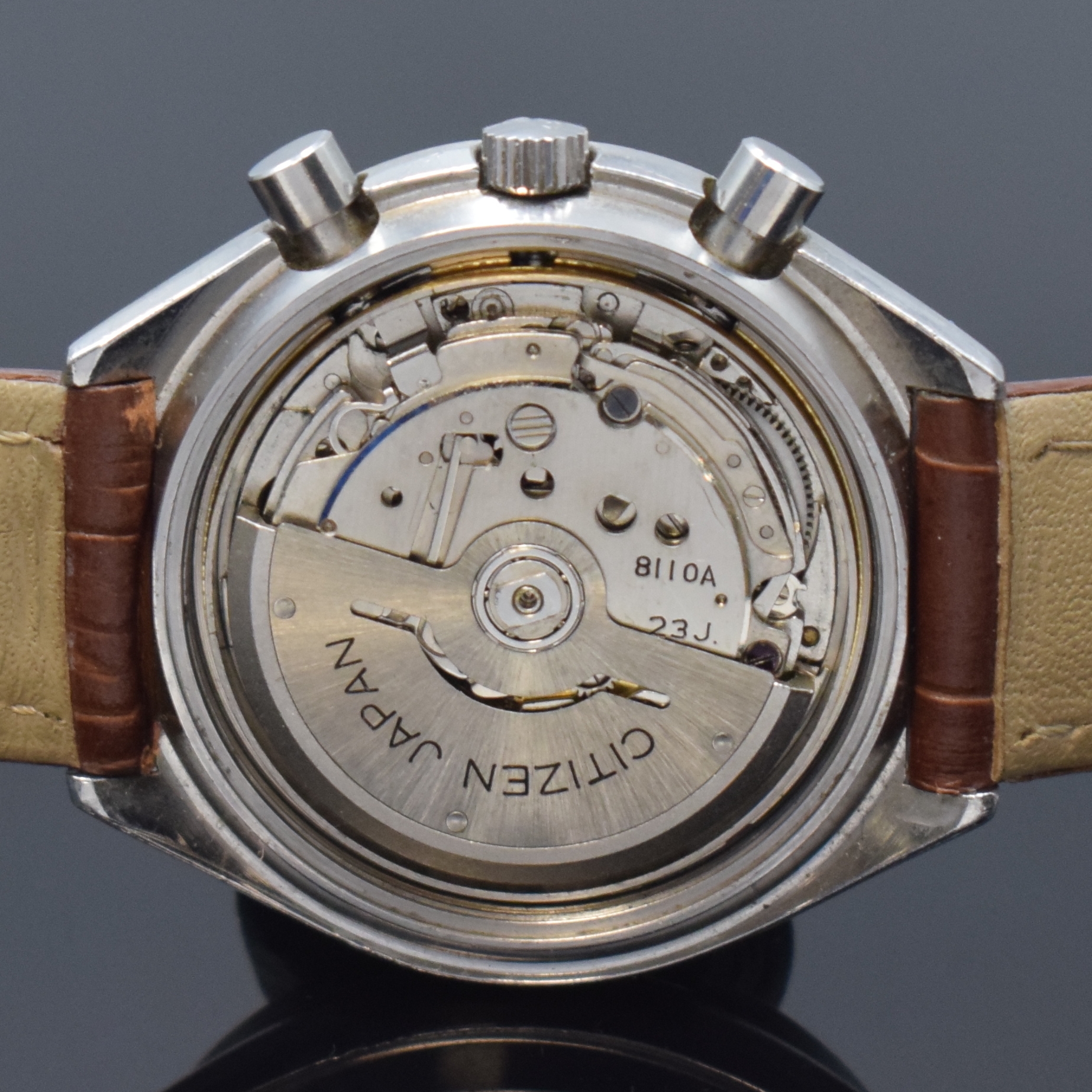 Detail d: CITIZEN Chronograph Automatik Herrenarmbanduhr in Stahl, Japan um 1975, verschr. Geh. Ref. 67-9313, schwarz. Tachymeter-Lunette, schwarz. Zifferbl., ...