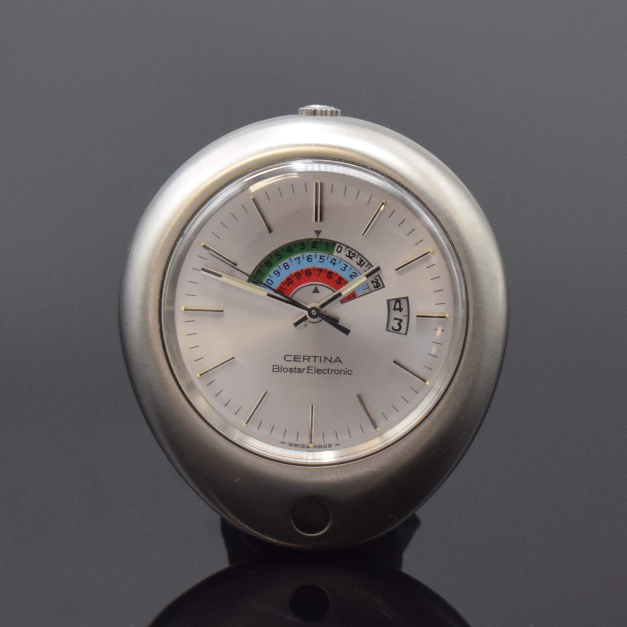 CERTINA Biostar Electronic nahezu neuwertige Bio-Rhythmus Taschenuhr in Stahl, Schweiz um 1975, satiniertes, Ei-förm. Geh., Boden verschr., ...