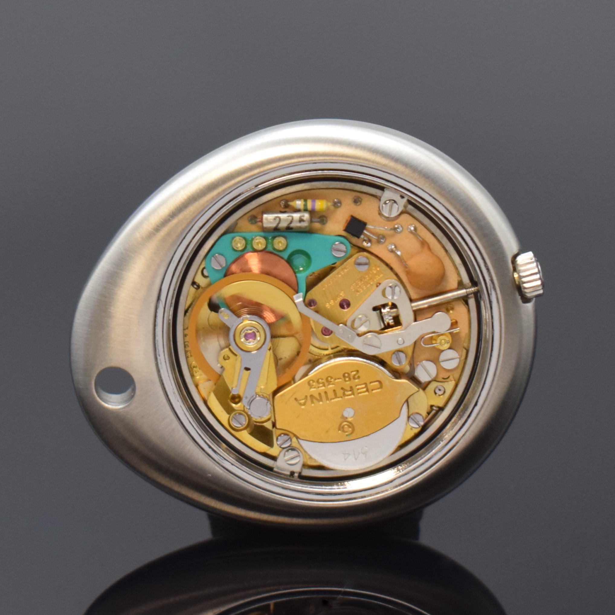 Detail c: CERTINA Biostar Electronic nahezu neuwertige Bio-Rhythmus Taschenuhr in Stahl, Schweiz um 1975, satiniertes, Ei-förm. Geh., Boden verschr., ...