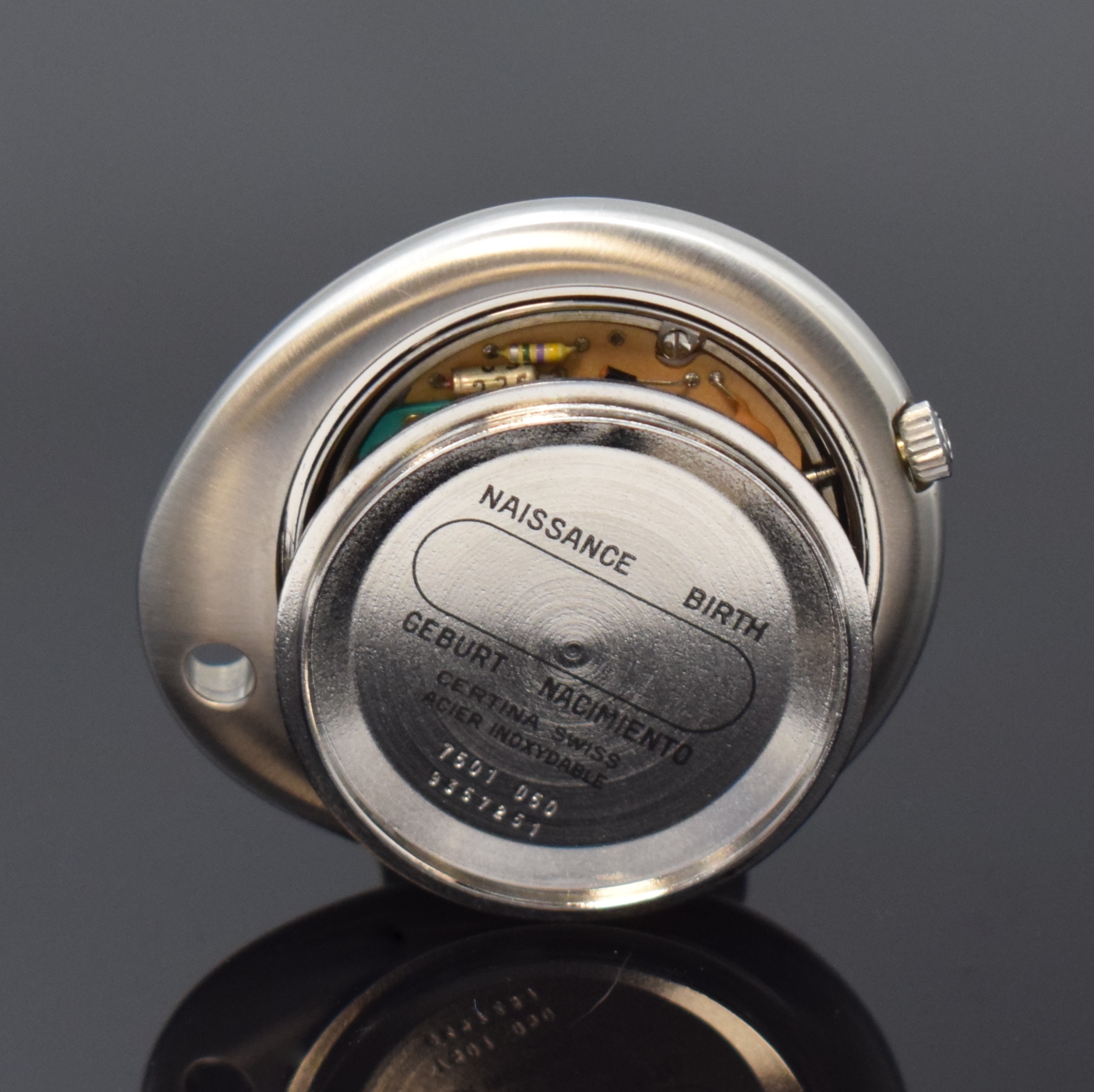 Detail d: CERTINA Biostar Electronic nahezu neuwertige Bio-Rhythmus Taschenuhr in Stahl, Schweiz um 1975, satiniertes, Ei-förm. Geh., Boden verschr., ...