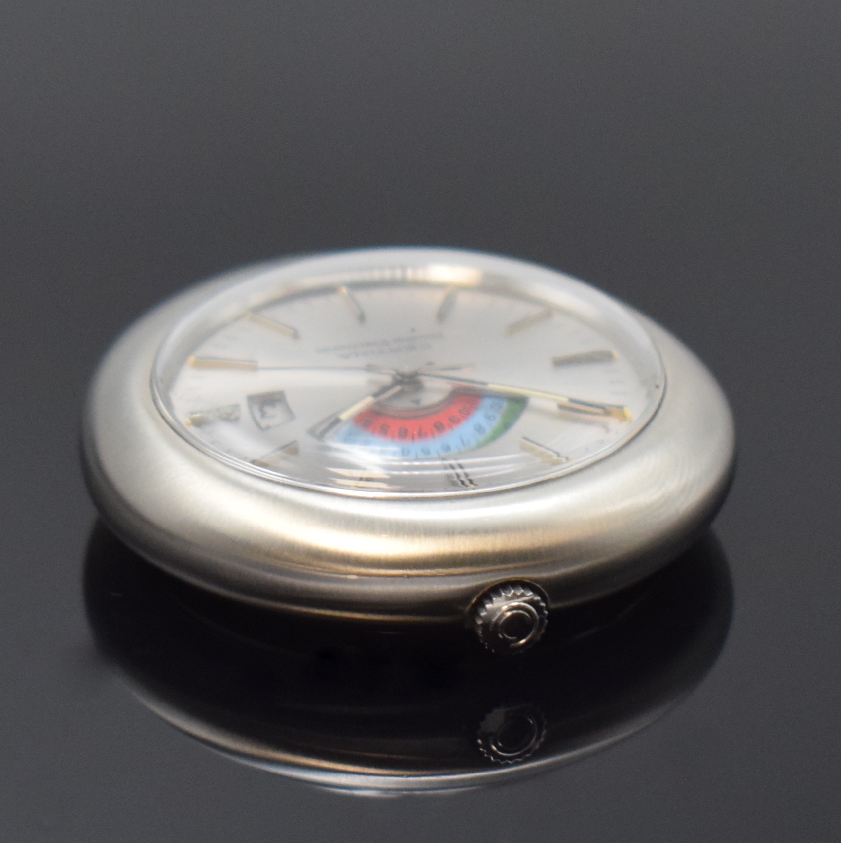 Detail e: CERTINA Biostar Electronic nahezu neuwertige Bio-Rhythmus Taschenuhr in Stahl, Schweiz um 1975, satiniertes, Ei-förm. Geh., Boden verschr., ...