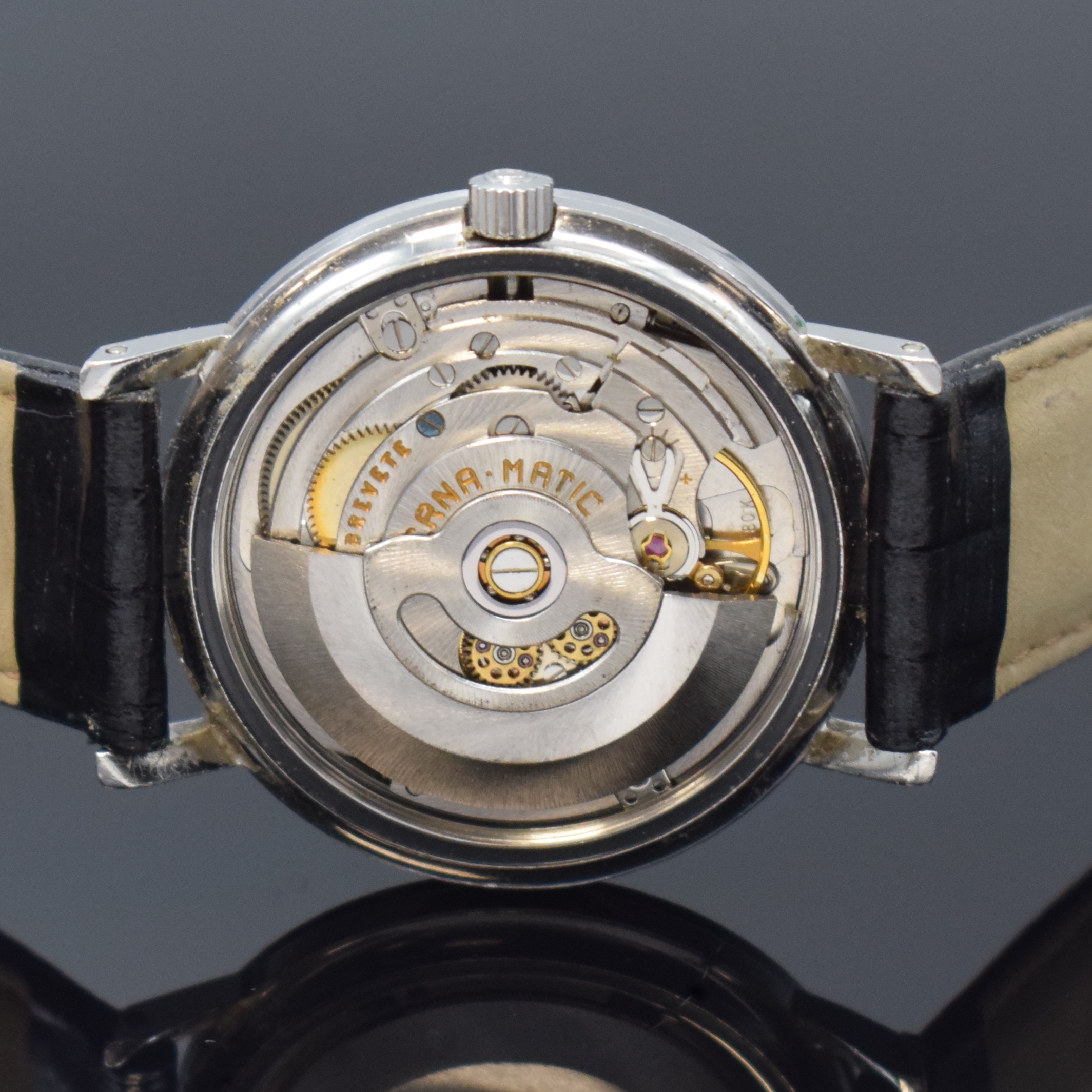Detail d: ETERNA-MATIC 2000 Centenaire 71 Armbanduhr in Stahl mit seltenem schwarzen Zifferblatt, Schweiz um 1970, Automatik, unpol. Geh., verschr. Boden ...