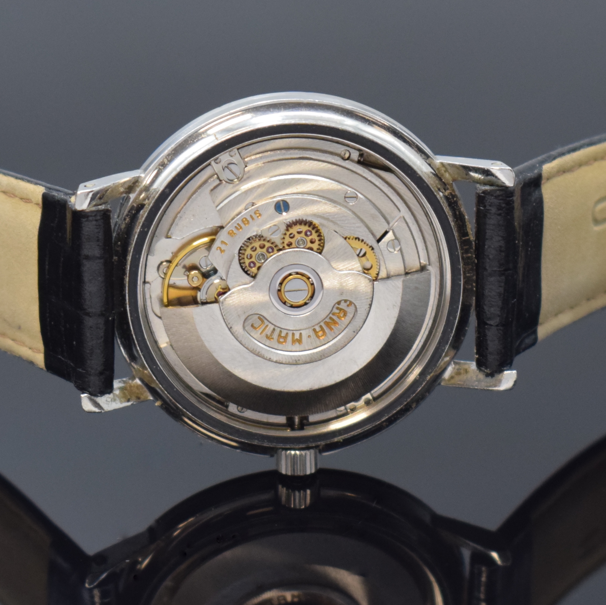 Detail e: ETERNA-MATIC 2000 Centenaire 71 Armbanduhr in Stahl mit seltenem schwarzen Zifferblatt, Schweiz um 1970, Automatik, unpol. Geh., verschr. Boden ...