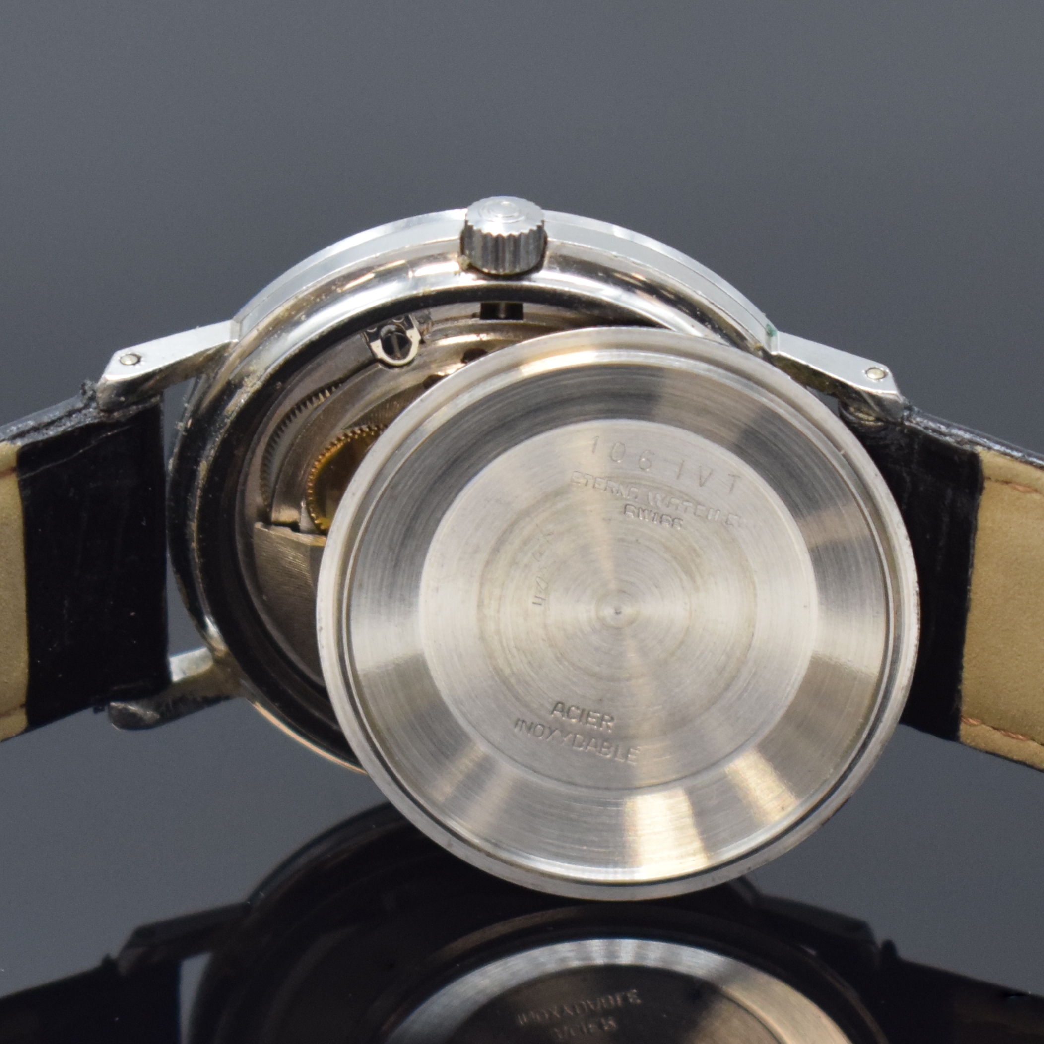 Detail f: ETERNA-MATIC 2000 Centenaire 71 Armbanduhr in Stahl mit seltenem schwarzen Zifferblatt, Schweiz um 1970, Automatik, unpol. Geh., verschr. Boden ...