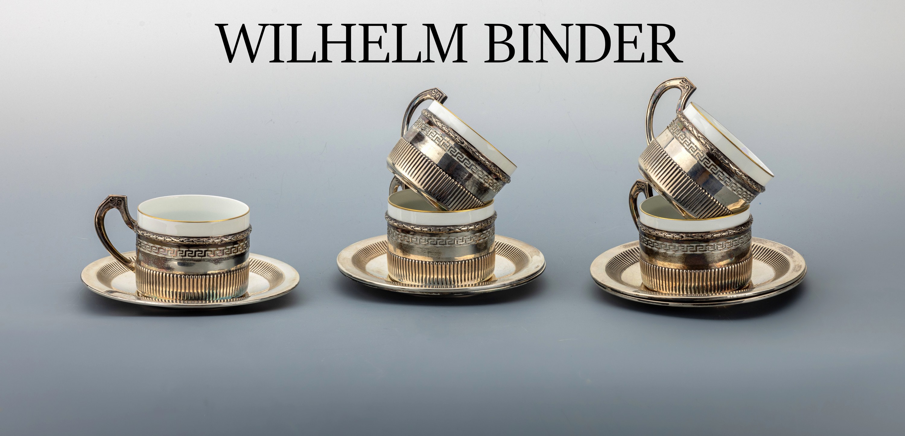 Set 5 Teetassen mit Untersetzern, 835er Silber, deutsch, um 1920, schlichte Tassenhalter mit Mäanderbordüre, Henkel mit l. floralen Elementen, mit ...