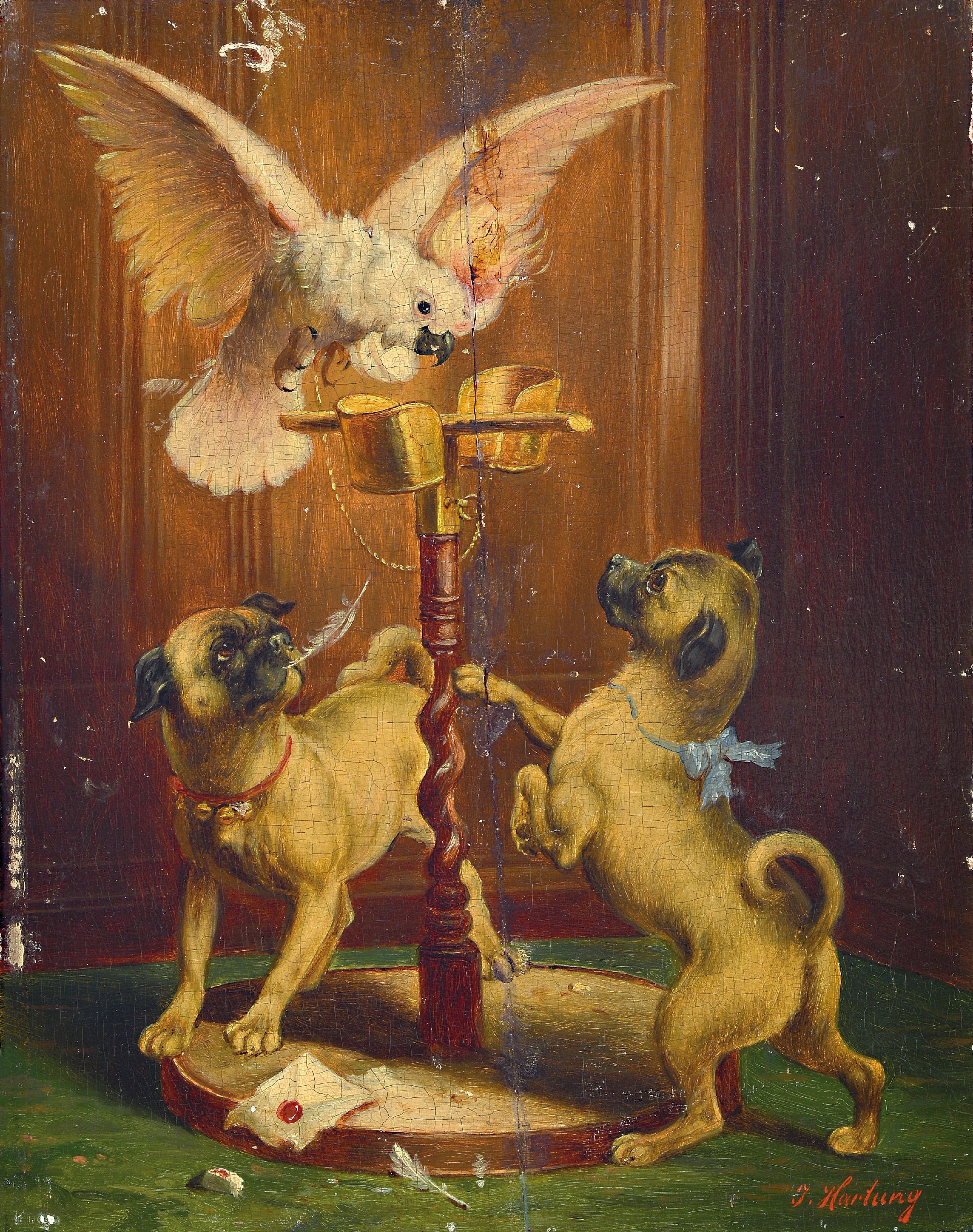 Julius Hartung, Pseudonym des Carl Reichert, 1836 Wien-1918 Graz, zwei Pendants, "Wie du mir" & "So ich dir", zwei Möpse im ...