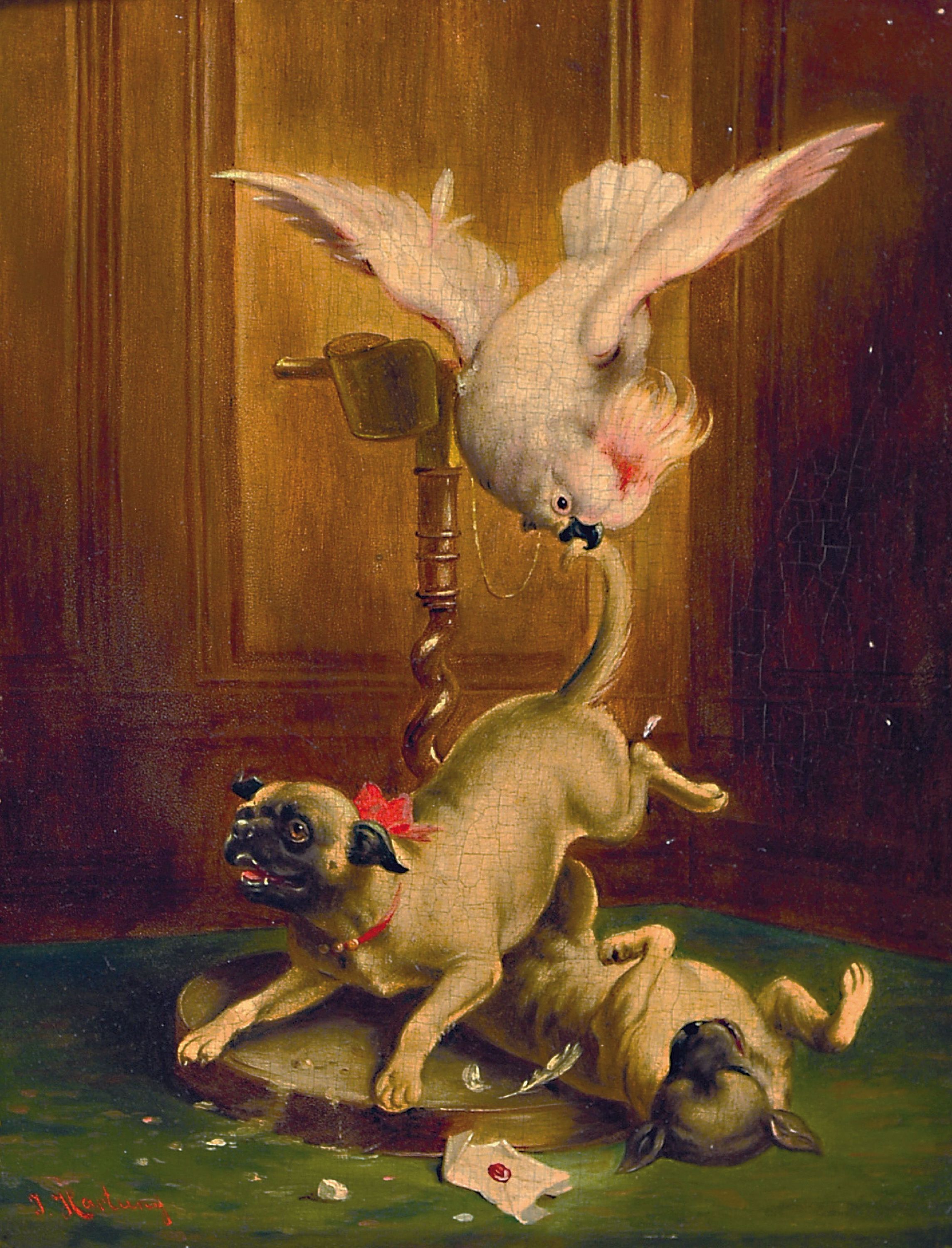 Detail b: Julius Hartung, Pseudonym des Carl Reichert, 1836 Wien-1918 Graz, zwei Pendants, "Wie du mir" & "So ich dir", zwei Möpse im ...