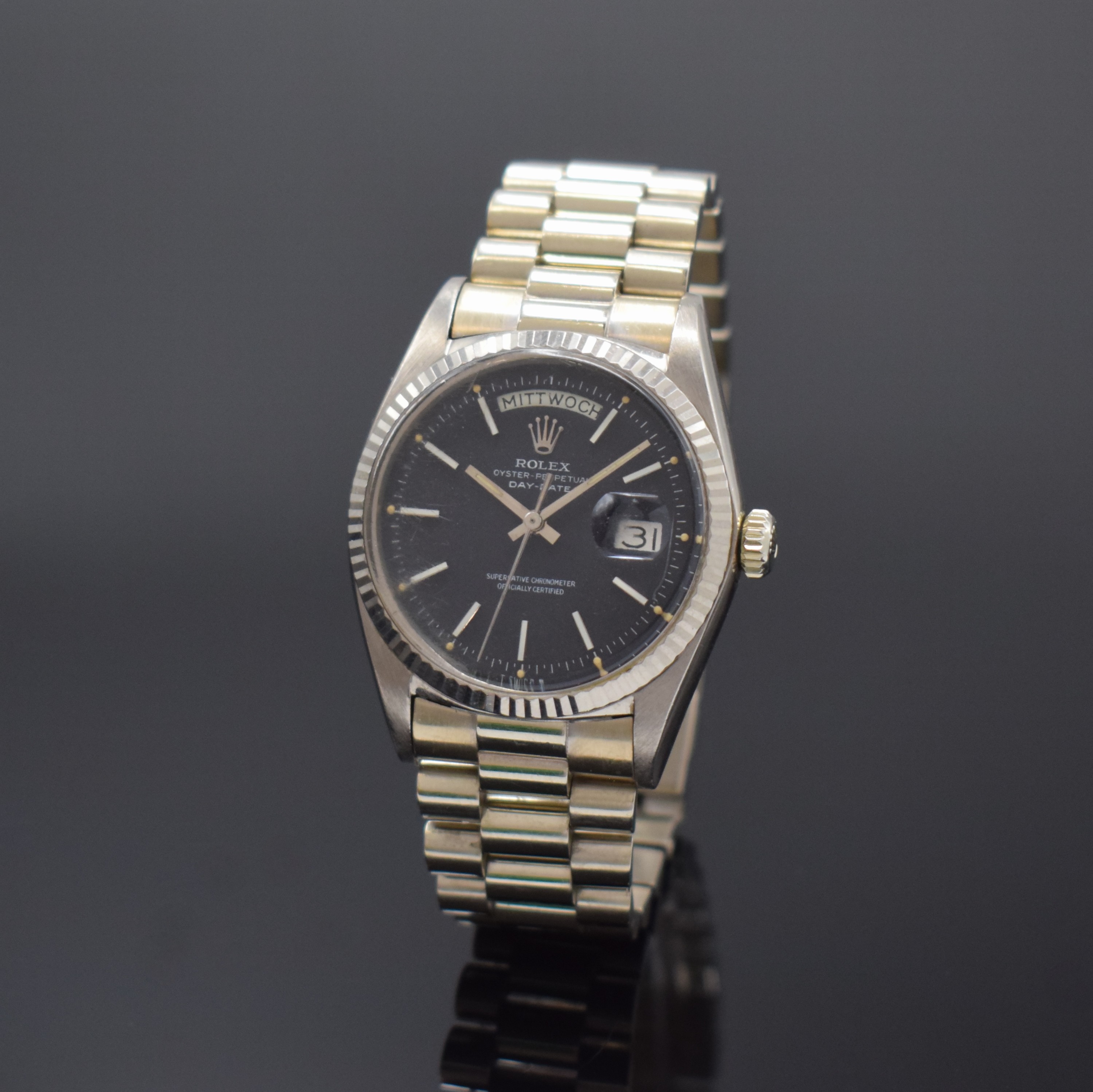 ROLEX Oyster-Perpetual Day-Date Herrenarmbanduhr in WG 750/000 Referenz 1803, Schweiz um 1970, Automatik, Chronometer der Superlative, Präsidentband ...