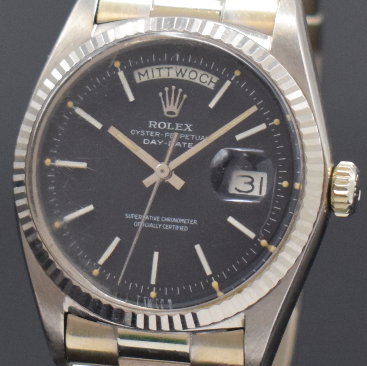 Detail a: ROLEX Oyster-Perpetual Day-Date Herrenarmbanduhr in WG 750/000 Referenz 1803, Schweiz um 1970, Automatik, Chronometer der Superlative, Präsidentband ...