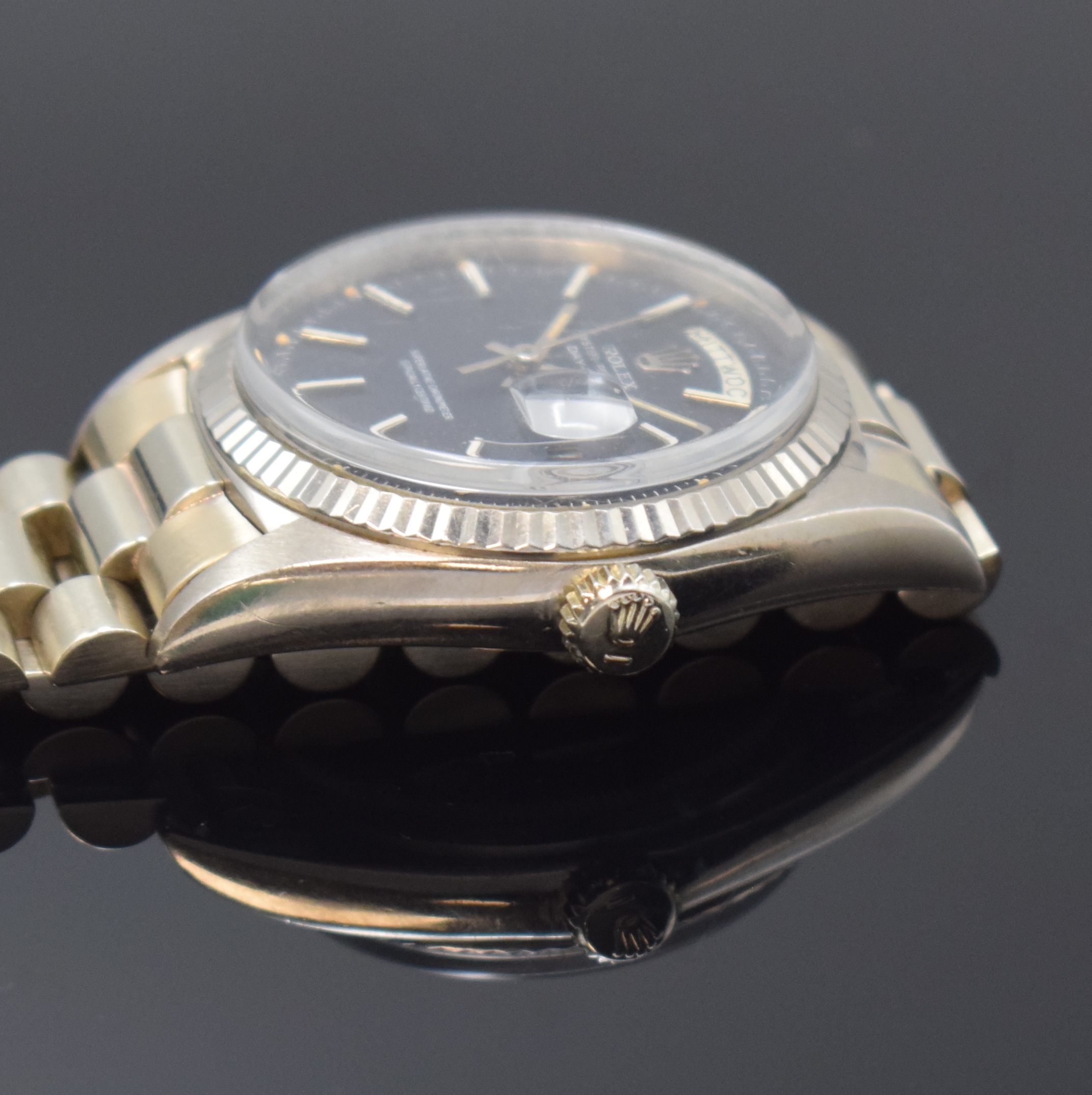 Detail d: ROLEX Oyster-Perpetual Day-Date Herrenarmbanduhr in WG 750/000 Referenz 1803, Schweiz um 1970, Automatik, Chronometer der Superlative, Präsidentband ...
