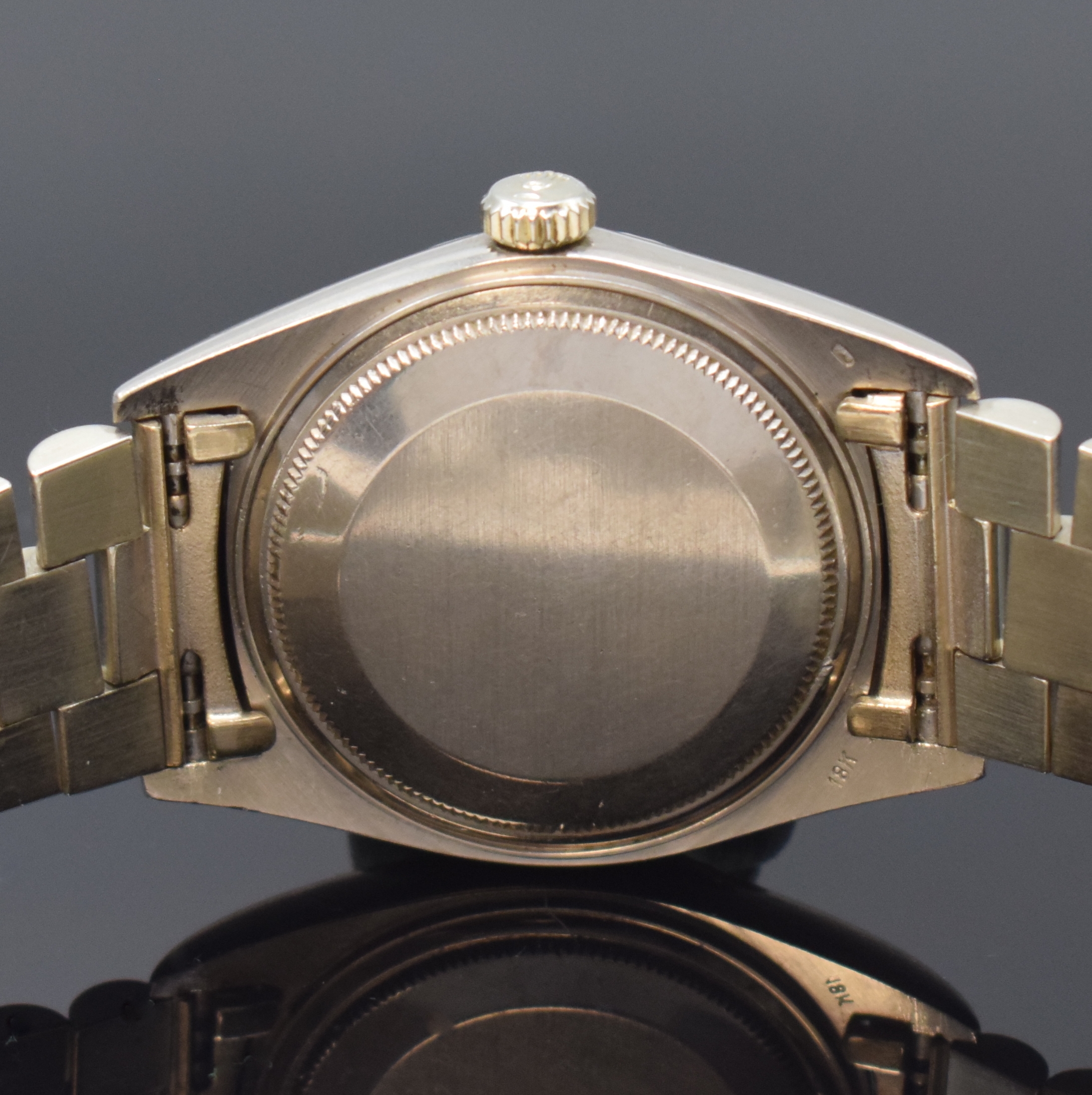 Detail e: ROLEX Oyster-Perpetual Day-Date Herrenarmbanduhr in WG 750/000 Referenz 1803, Schweiz um 1970, Automatik, Chronometer der Superlative, Präsidentband ...