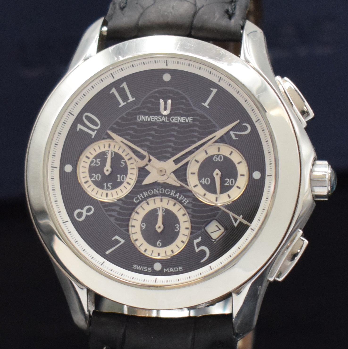 Detail a: UNIVERSAL GENEVE Okeanos Armbandchronograph Referenz 871.102 in Stahl, Schweiz um 2005, Automatik, beids. vergl. Geh. inkl. Lederband m. dopp. ...