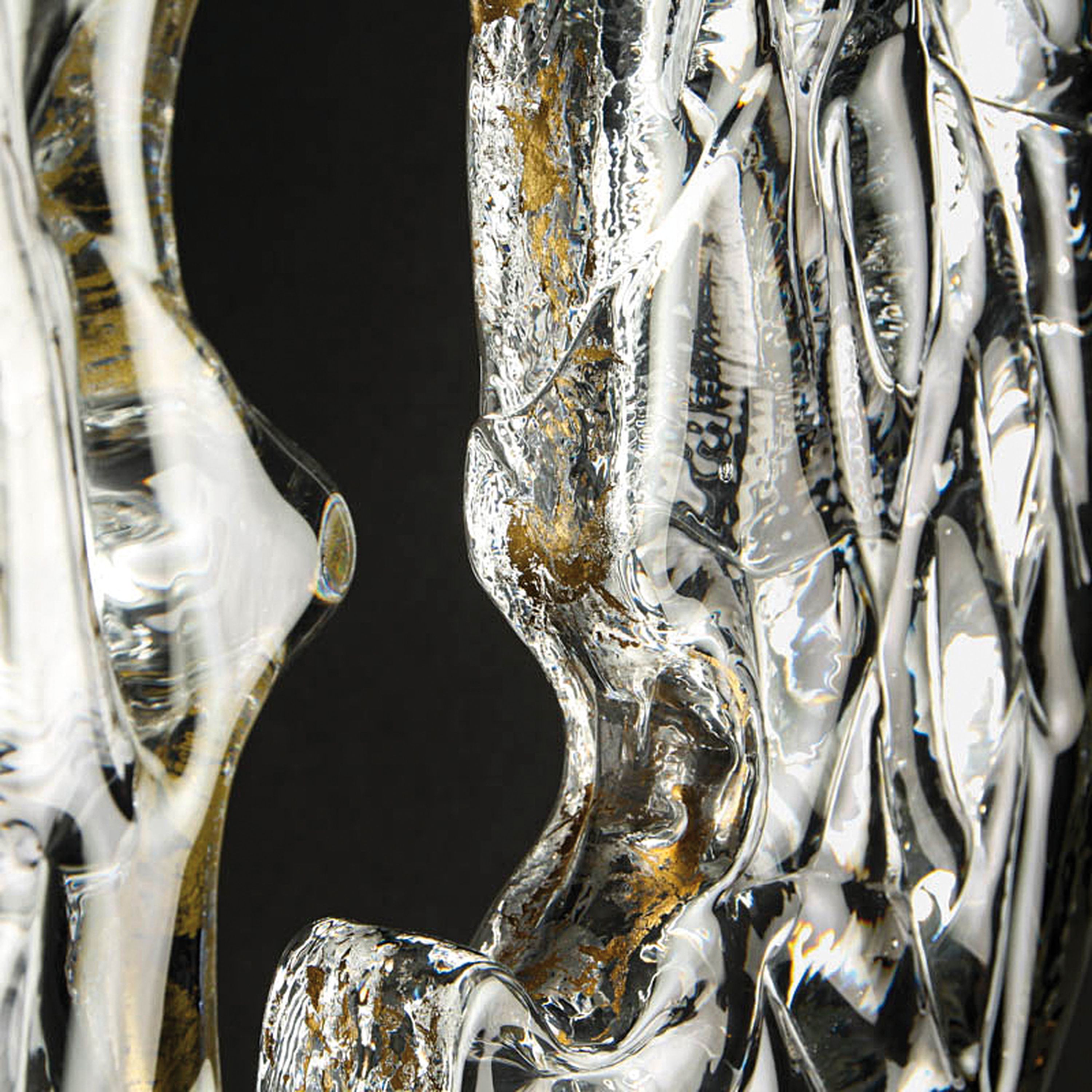 Detail o: Große Glasskulptur, Cenedese, Murano, Italien,, farbloses Glas, partiell mit Goldauflage, abstrakt Komposition einer Scheibe mit Durchbruch, ...