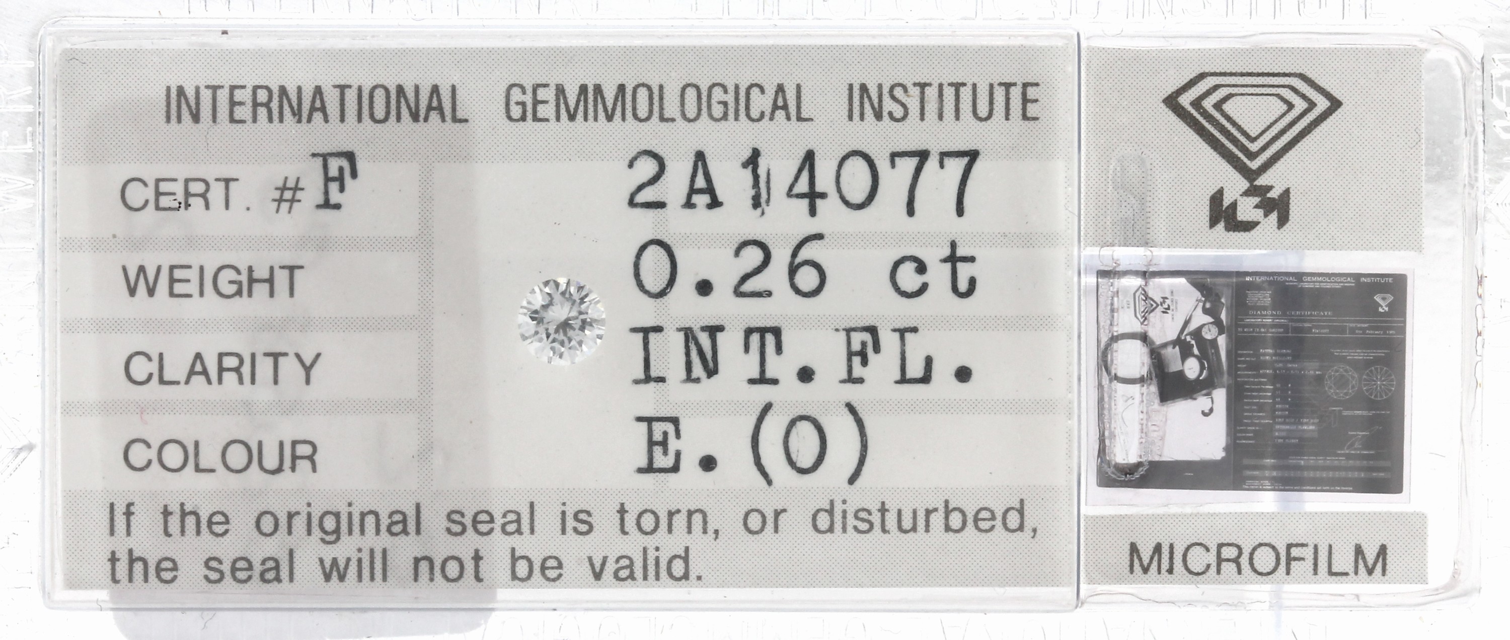 Loser Brillant ca. 0.26 ct Hochfeines Weiß (E)/lupenrein, verschweißt, IGI Zertifikat von1989 anbei