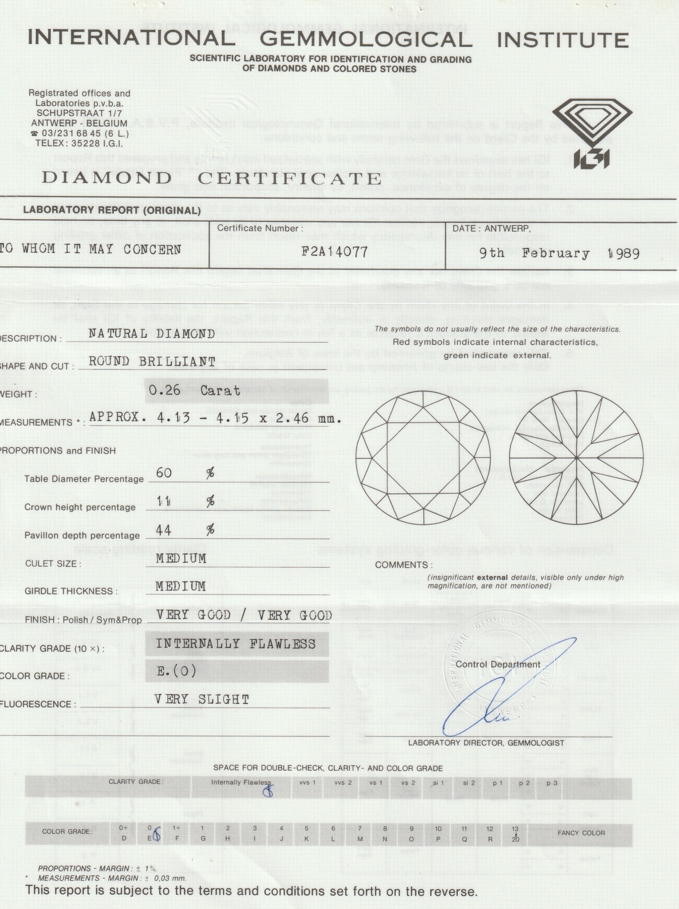 Detail a: Loser Brillant ca. 0.26 ct Hochfeines Weiß (E)/lupenrein, verschweißt, IGI Zertifikat von1989 anbei