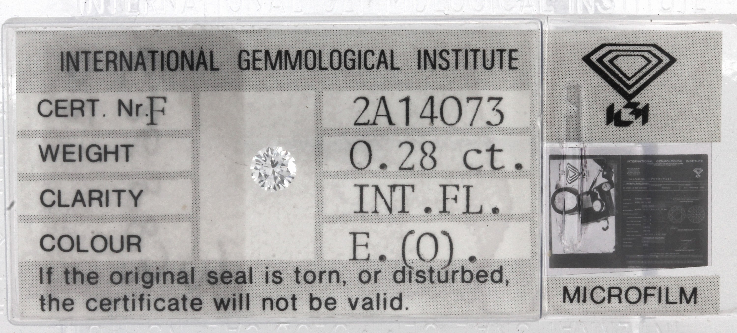 Loser Brillant ca. 0.28 ct hochfeines Weiß (E)/lupenrein, verschweißt, IGI Expertise von 1989