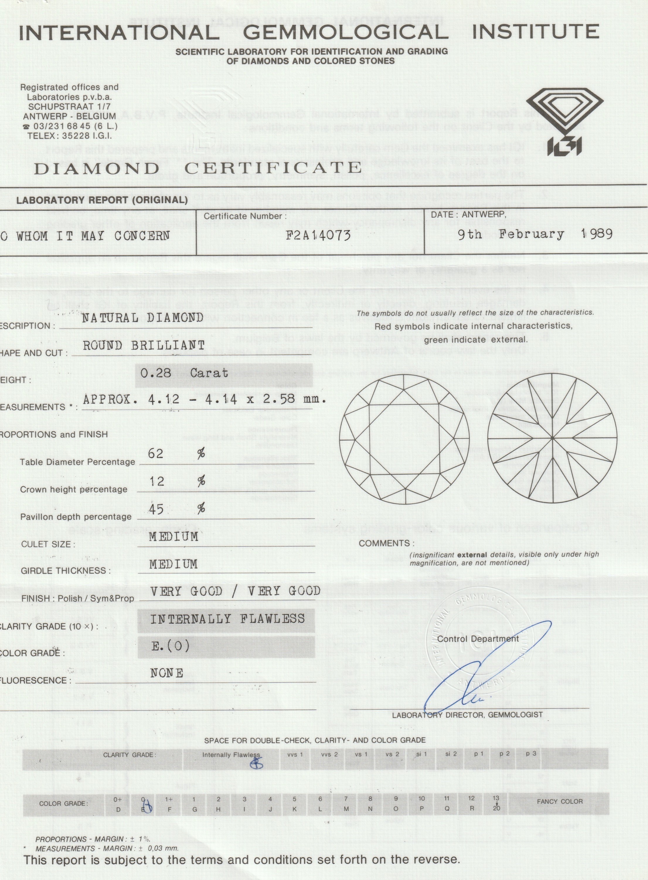 Detail a: Loser Brillant ca. 0.28 ct hochfeines Weiß (E)/lupenrein, verschweißt, IGI Expertise von 1989