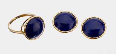 Image 14 kt Gold Lapislazuli-Schmuckset, GG 585/000, best. aus: Paar Ohrclips und einem Ring, ...