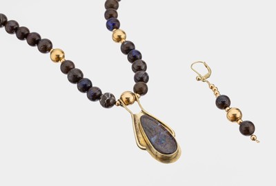 Image 14 kt Gold Opal-Collier mit einzelnem Ohrhänger, GG 585/000, Anhänger mit ...