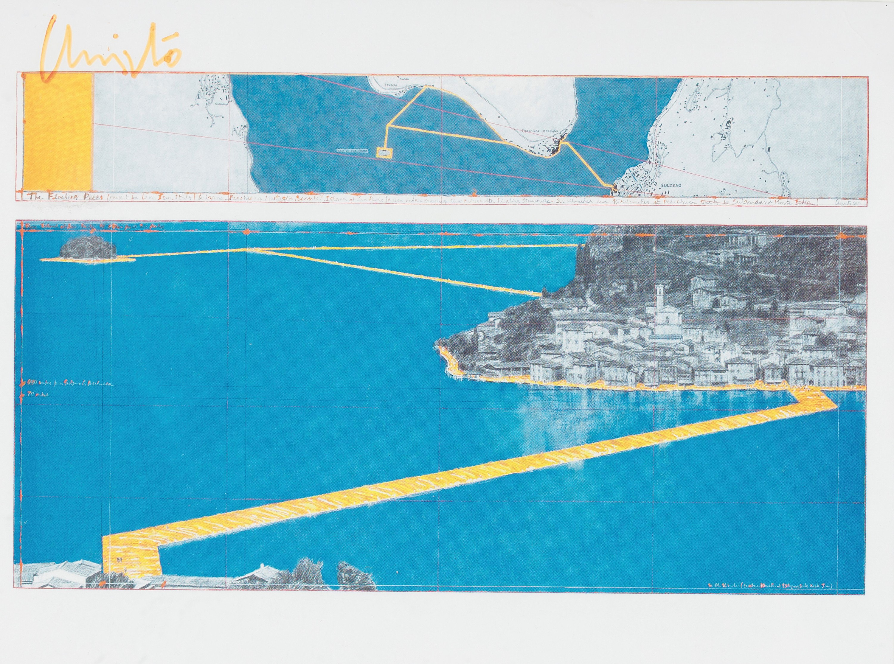 Christo , 1935-2020, Projekt "Floating Piers", handsign., unter Glas gerahmt