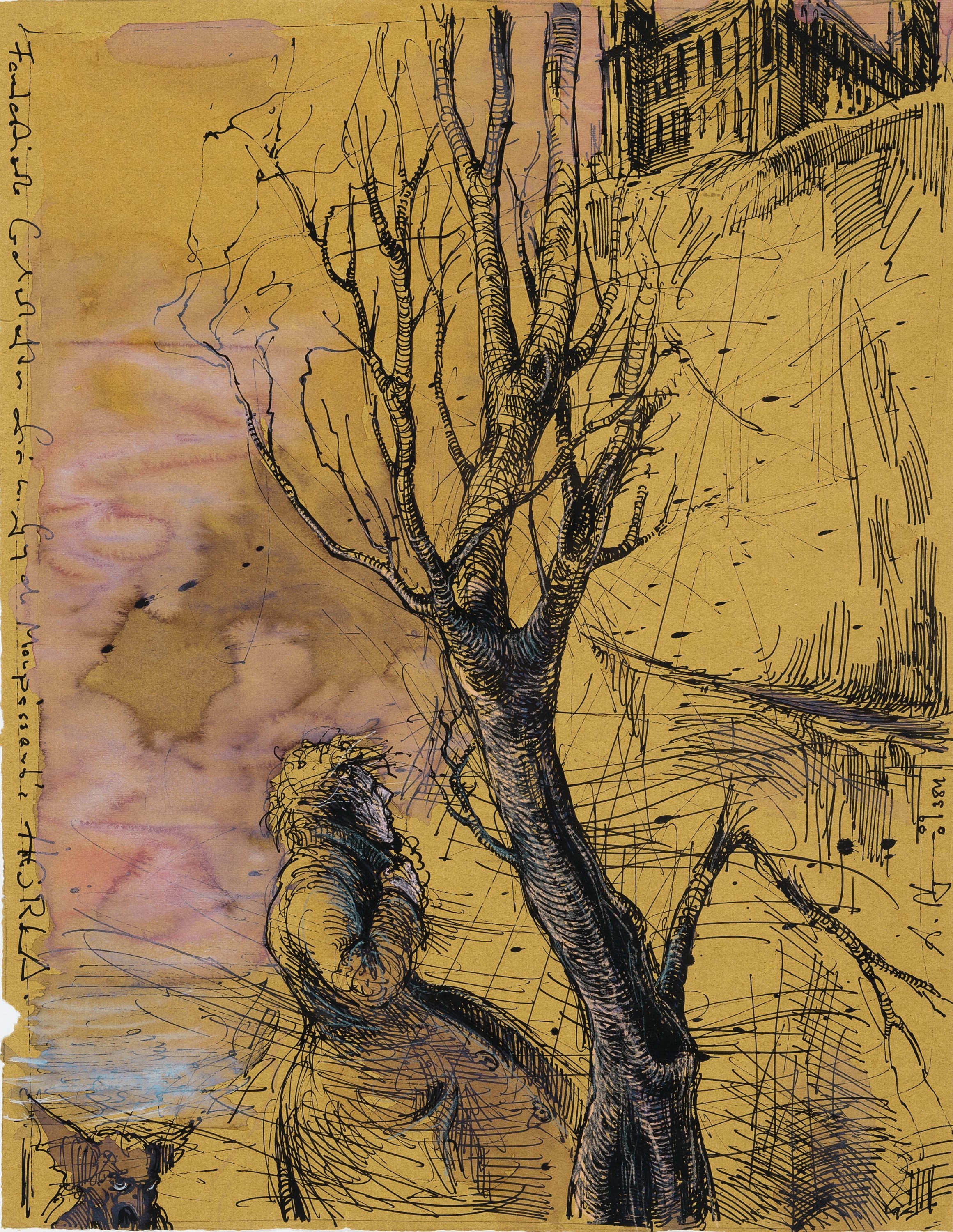 Andreas Noßmann, geb. 1962, Titel: "Fantastische Landschaft II. Frei nach G. de Maupass", Federzeichnung, Farbstift und Aquarell, dat., ...