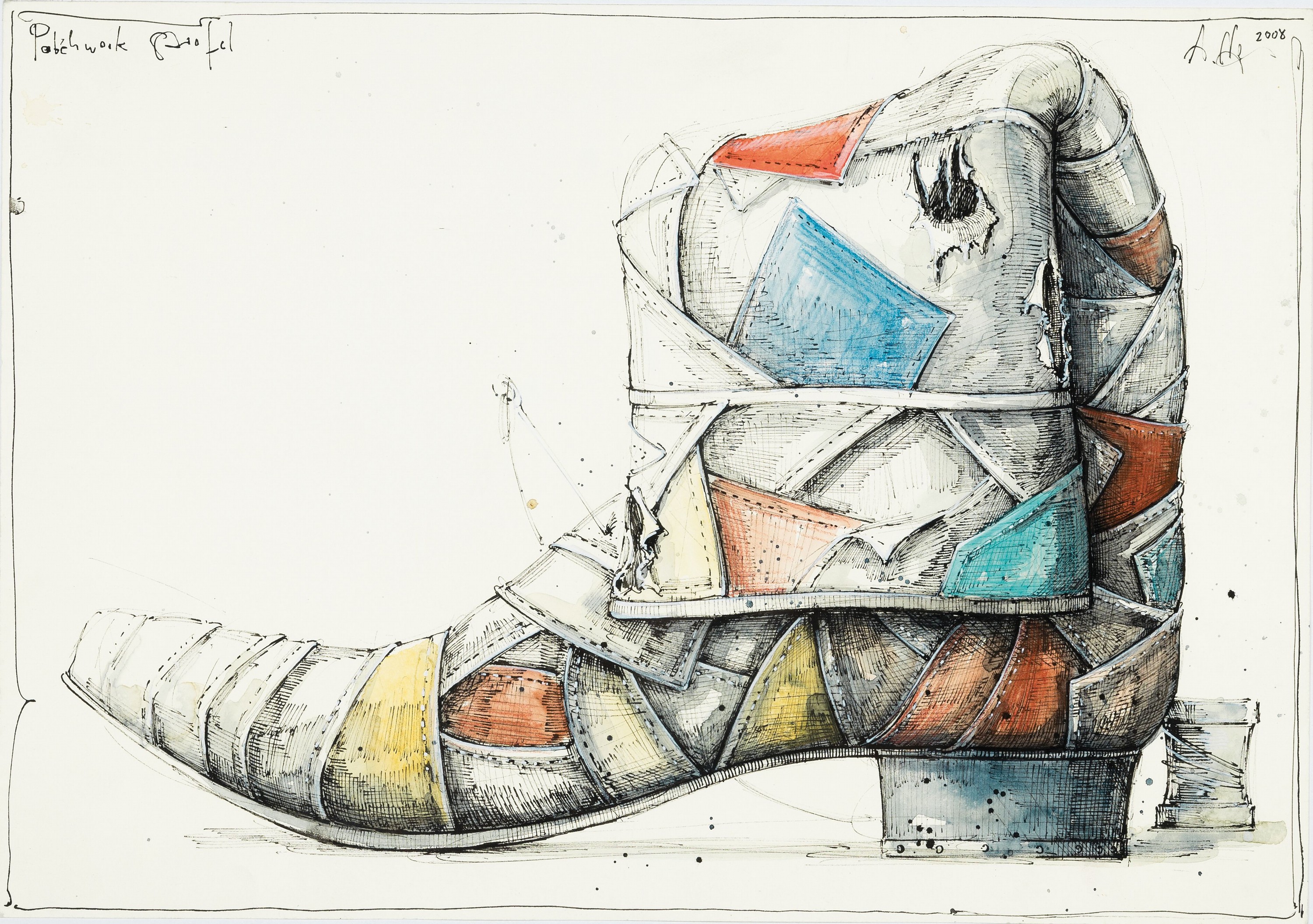 Andreas Noßmann, geb. 1962, Titel: "Patchwork Stiefel", Federzeichnung, Farbstift, Aquarell und Tusche auf Papier, dat. betitelt, aus dem ...