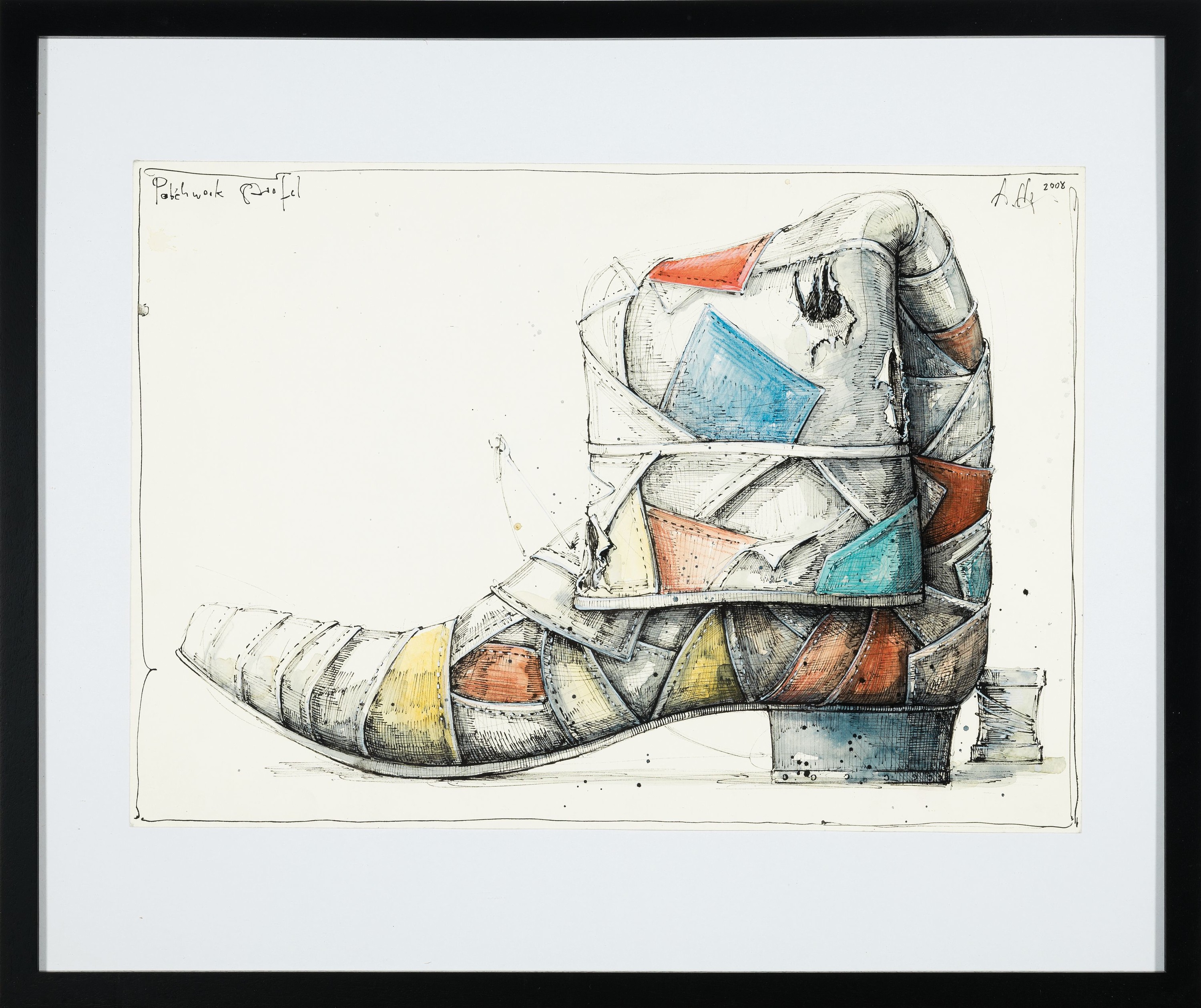 Detail k: Andreas Noßmann, geb. 1962, Titel: "Patchwork Stiefel", Federzeichnung, Farbstift, Aquarell und Tusche auf Papier, dat. betitelt, aus dem ...