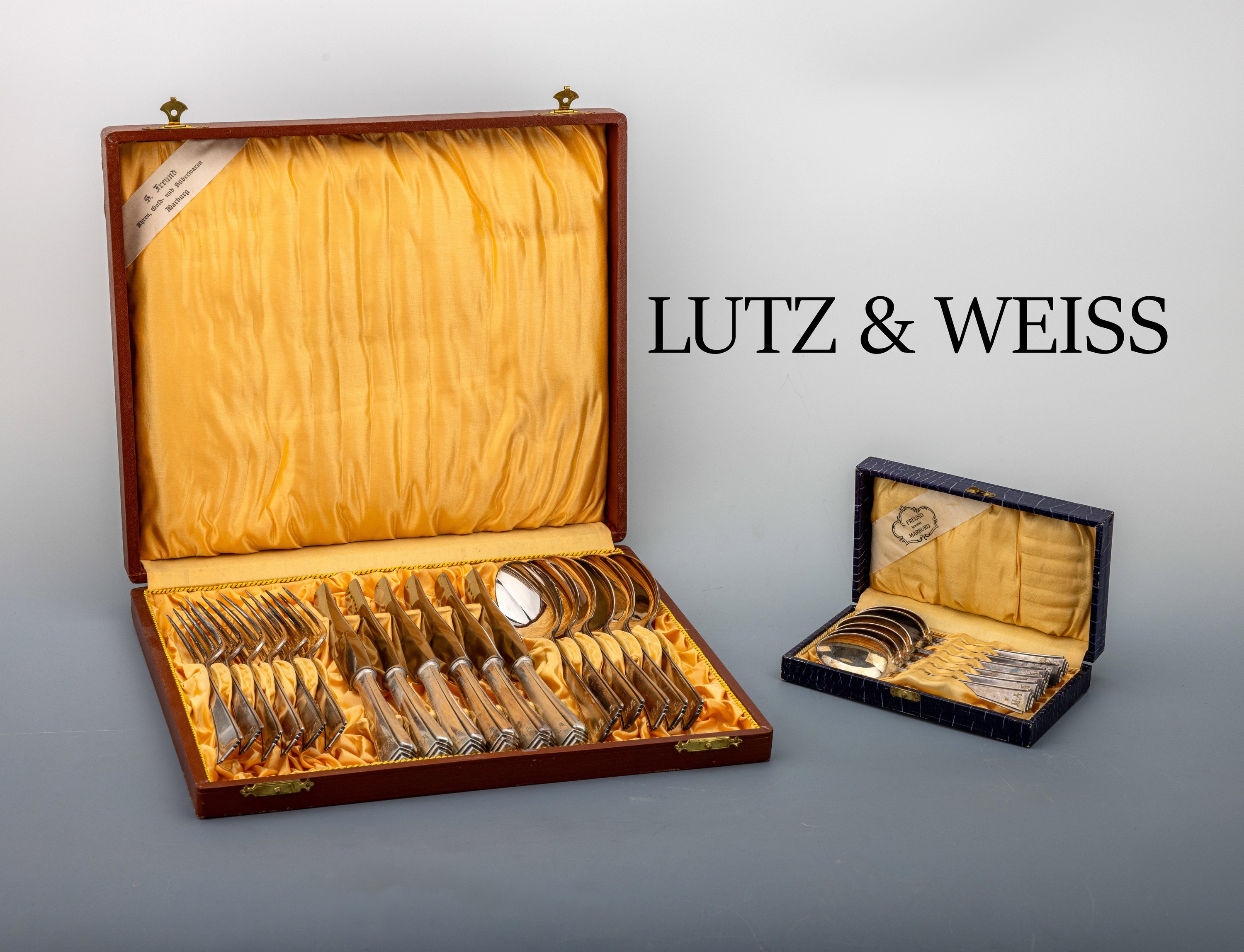 Besteck für 6 Personen, deutsch, 1920er Jahre, reines Art-Deco, Meistermarke LUTZ & WEISS, Pforzheim, Bes.-Monogr. MA, best.aus: 6 Menuemesser, 6 ...