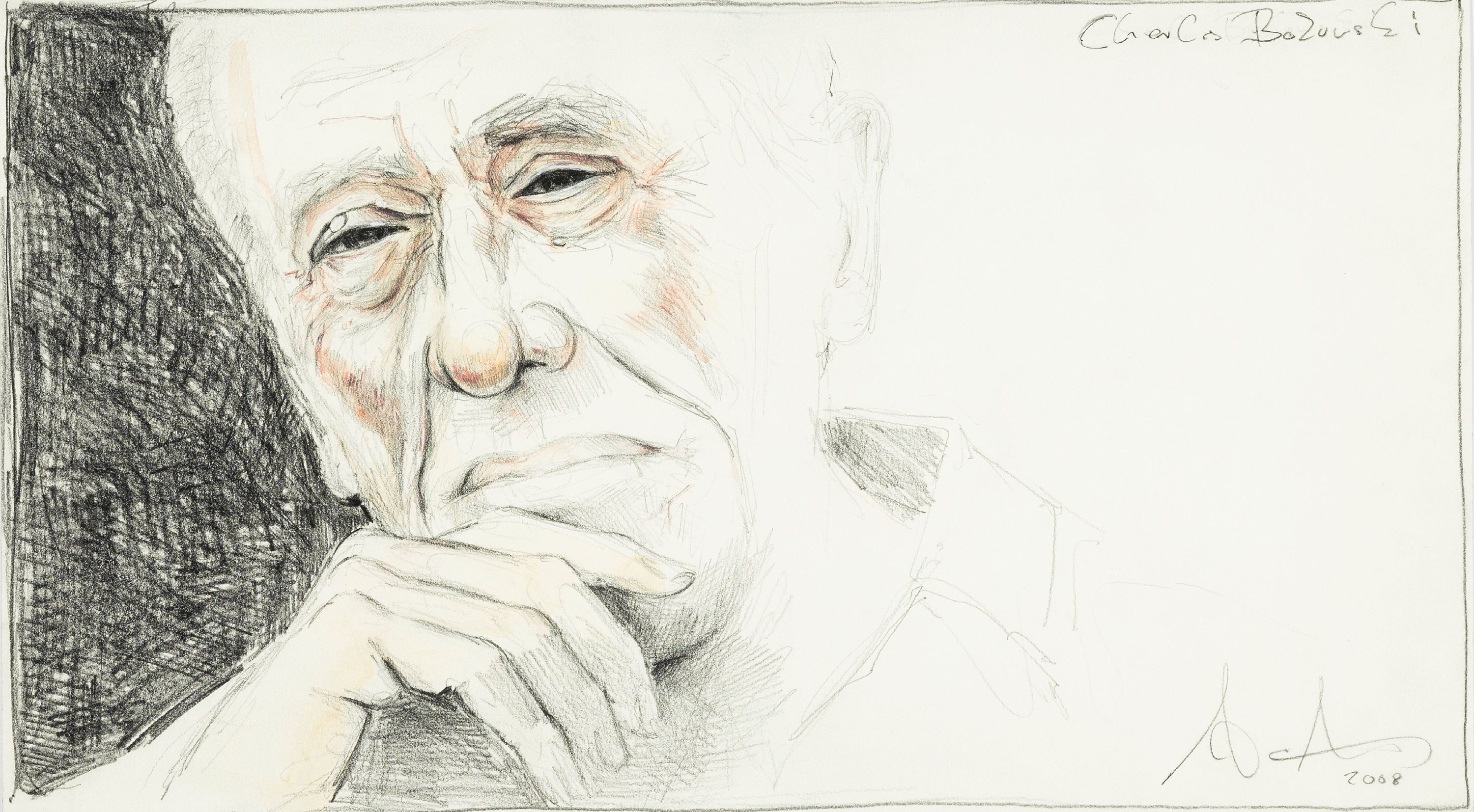 Andreas Noßmann, geb. 1962, Titel: "Charles Bukowski", Bleistift, Farbstift, Aquarell und Tusche auf Papier, dat., betitelt aus dem Jahre ...