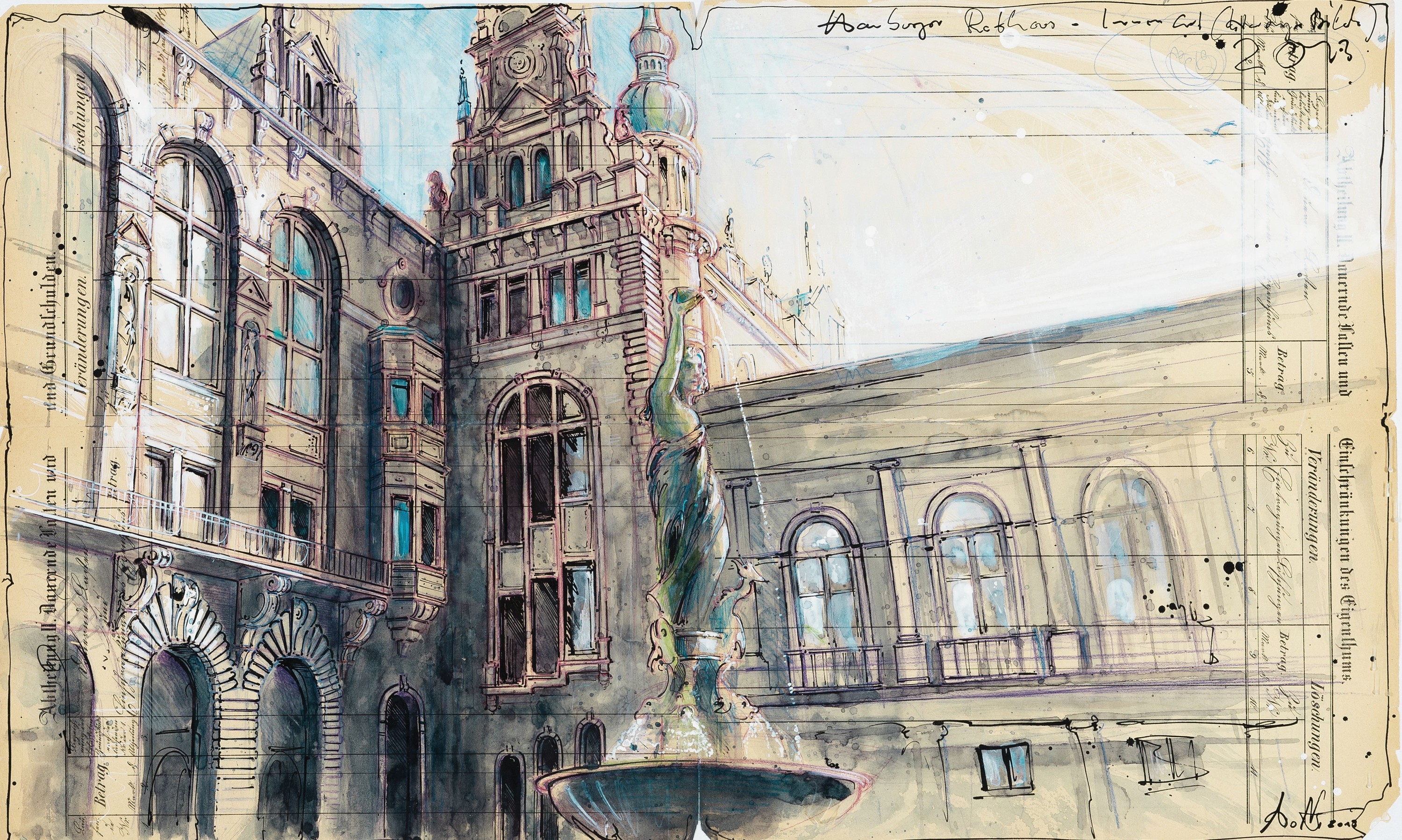 Andreas Noßmann, geb. 1962, Titel: " Hamburger Rathaus-Innenhof", Federzeichnung, Farbstift, Aquarell, weiße Tusche und Collage auf ...