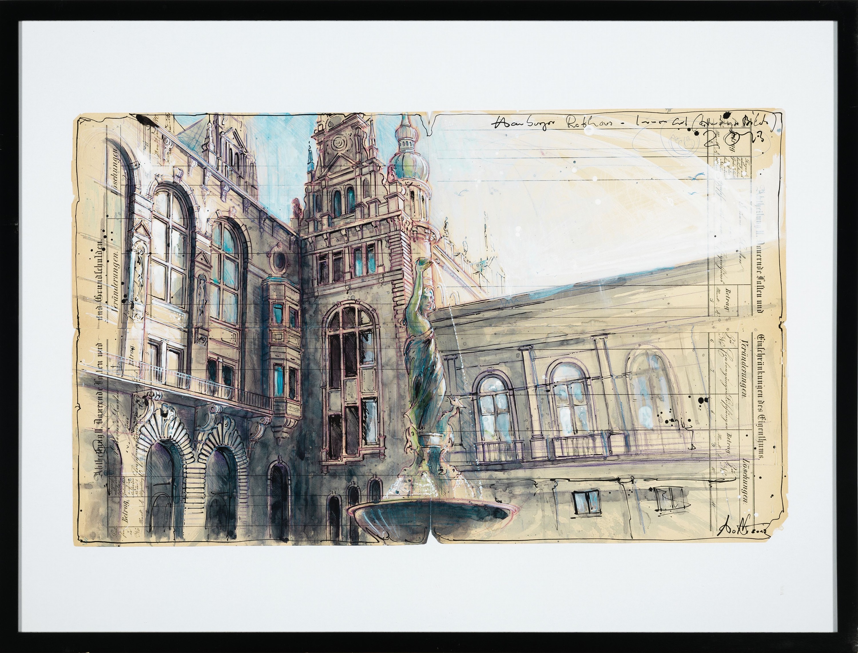 Detail k: Andreas Noßmann, geb. 1962, Titel: " Hamburger Rathaus-Innenhof", Federzeichnung, Farbstift, Aquarell, weiße Tusche und Collage auf ...