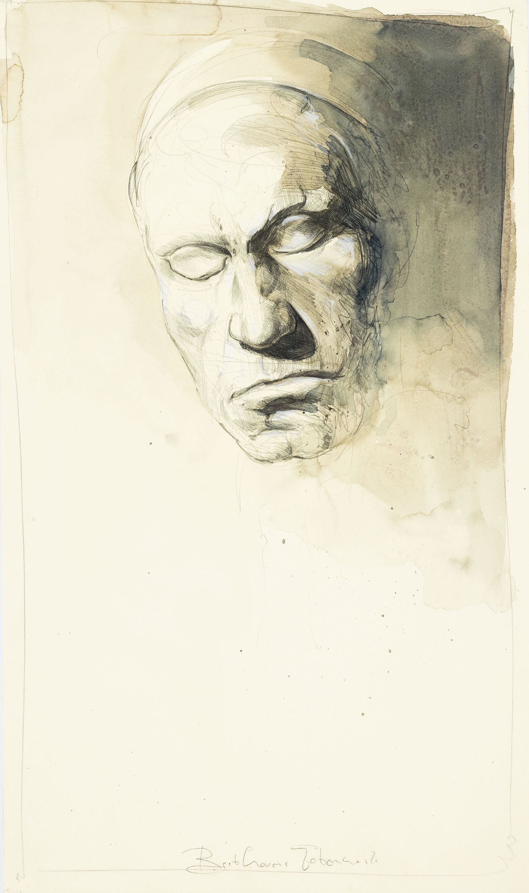 Andreas Noßmann, geb. 1962, Titel: "Beethovens Totenmaske aus "Das Portrait", Farbstift, Aquarell und Tusche, Dat., betitelt, aus dem ...