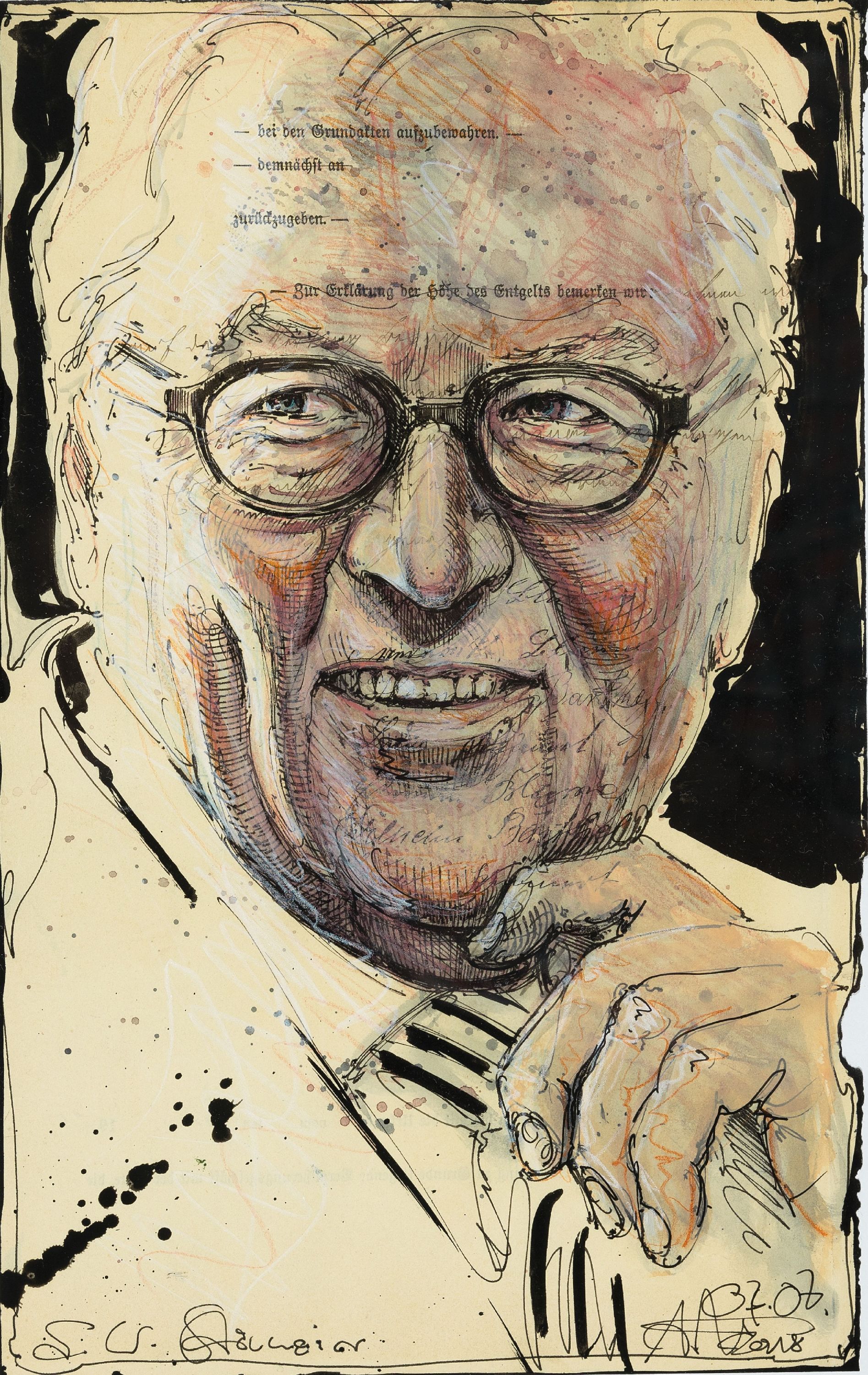 Andreas Noßmann, geb. 1962, Titel:F.W. Steinmeier", Feder, Aquarell und Farbstift auf Papier, handsign., dat., betitelt, aus dem Jahre 2018, ...