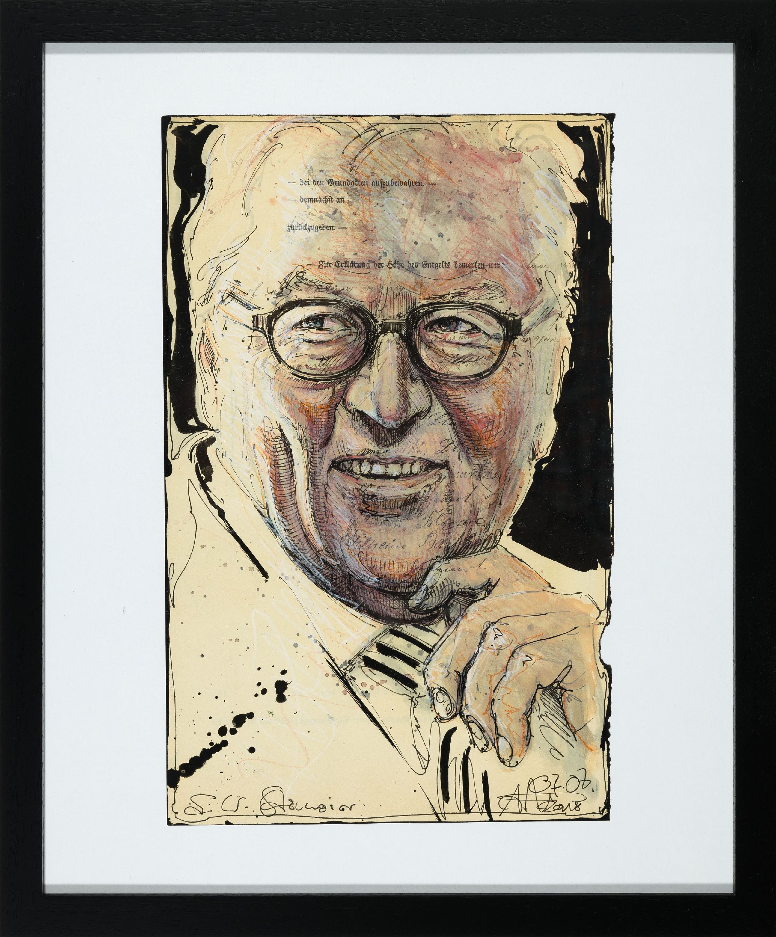 Detail k: Andreas Noßmann, geb. 1962, Titel:F.W. Steinmeier", Feder, Aquarell und Farbstift auf Papier, handsign., dat., betitelt, aus dem Jahre 2018, ...