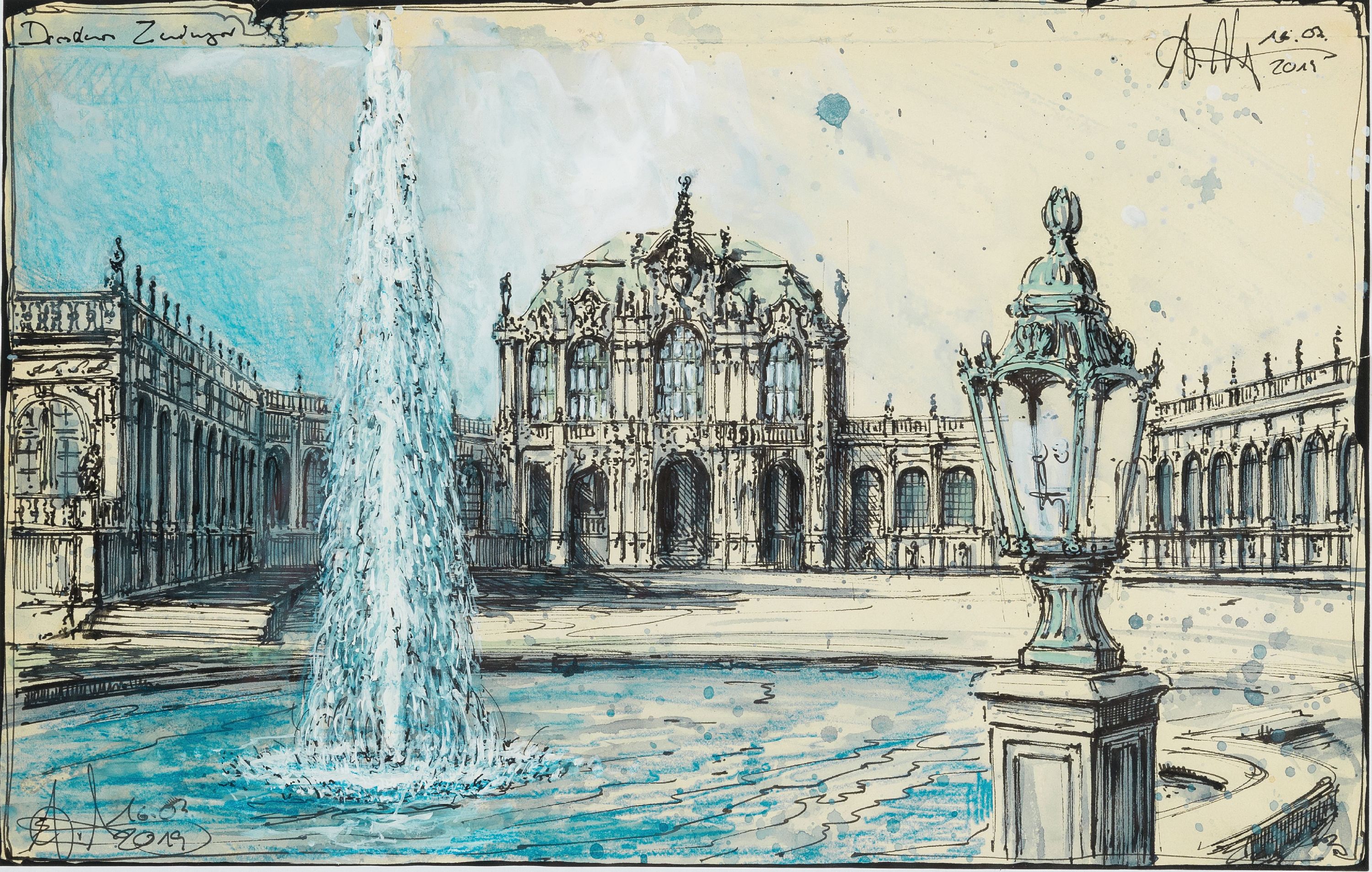 Andreas Noßmann, geb. 1962, Titel: "Dresden Zwinger", Feder, Aquarell und Farbstift auf Papier, dat., betitelt, aus dem Jahre 2019, ca. ...
