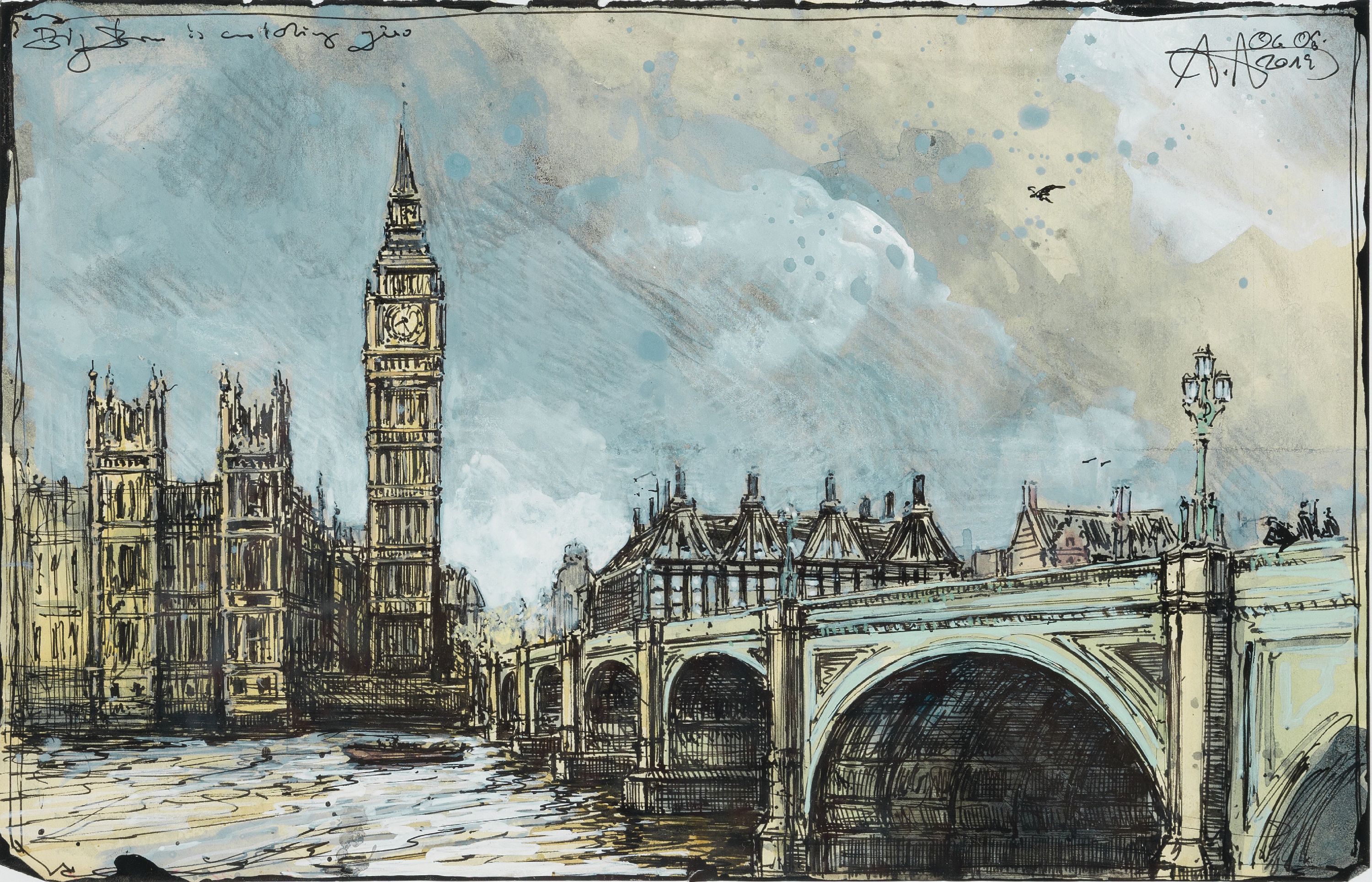 Andreas Noßmann, geb. 1962, Titel: Big Ben is watching you", dat., betitelt, aus dem Jahre 2019, handisgn., ca. 21x33 cm, WVZ: DVZ 1179, ...